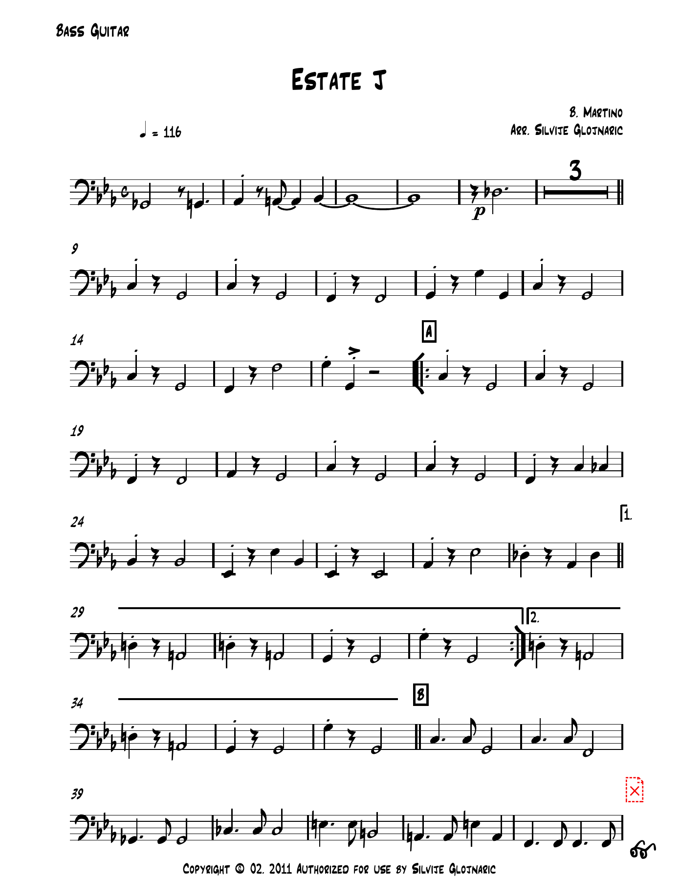 Estate J 01 Bass Guitar — big_band_vocal sheet music arranged by Mr. X | Bossa Nova