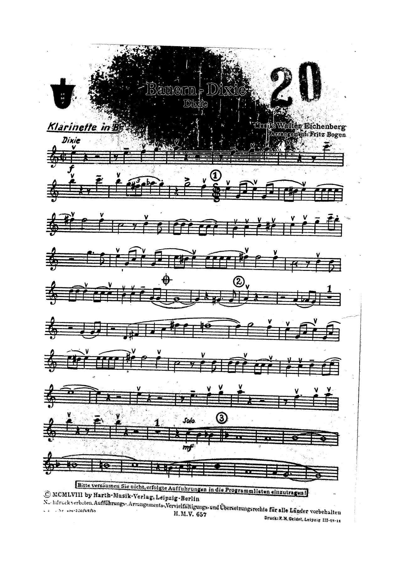 Bauern - Dixie Clarinet 1List — sheet music cover (first page)