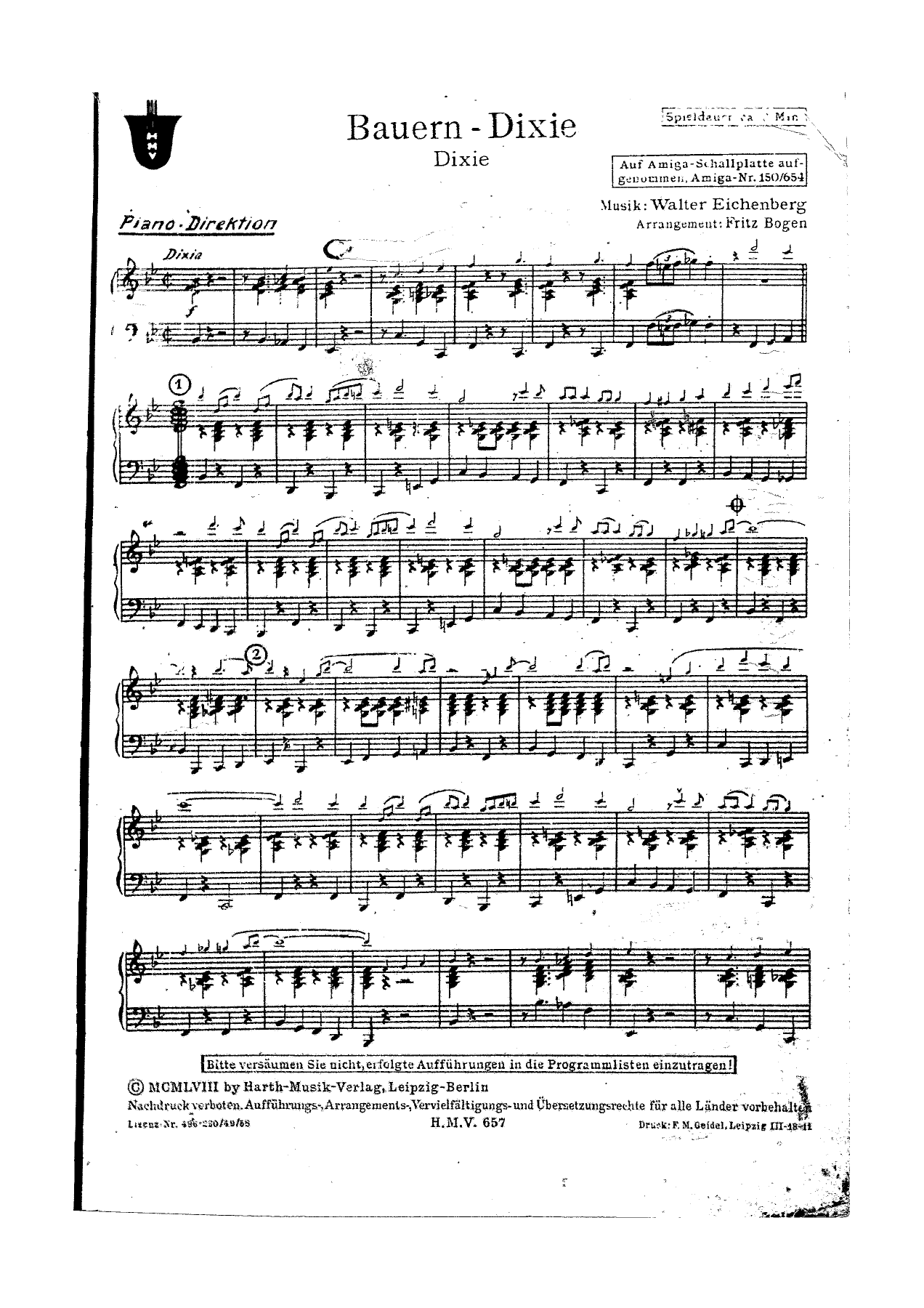 Bauern - Dixie Piano 1 List — sheet music cover (first page)