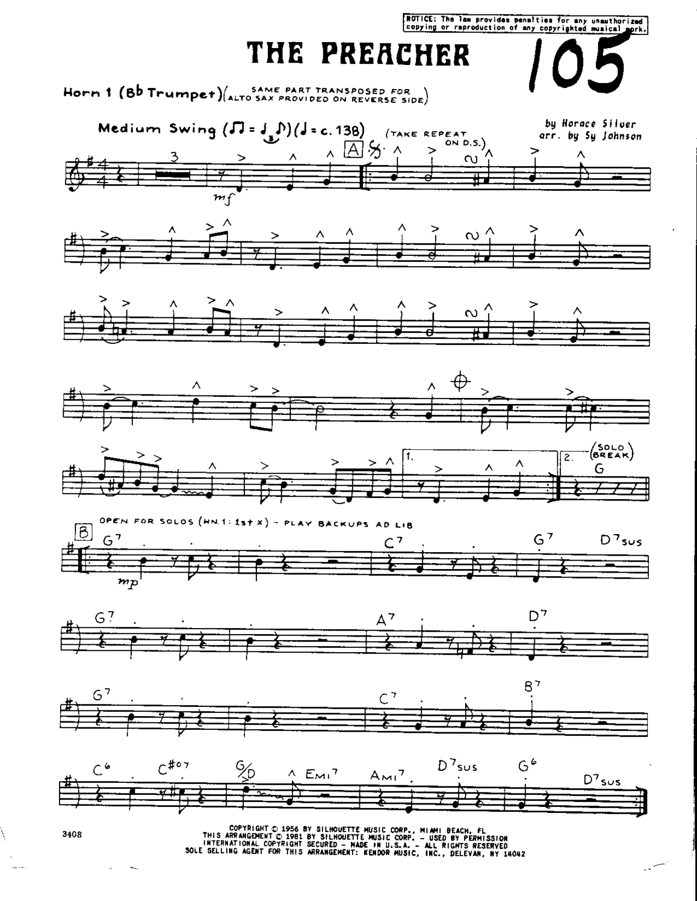 The Preacher-Trumpet — Small Ensemble sheet music arranged by The Preacher | Hard Bop