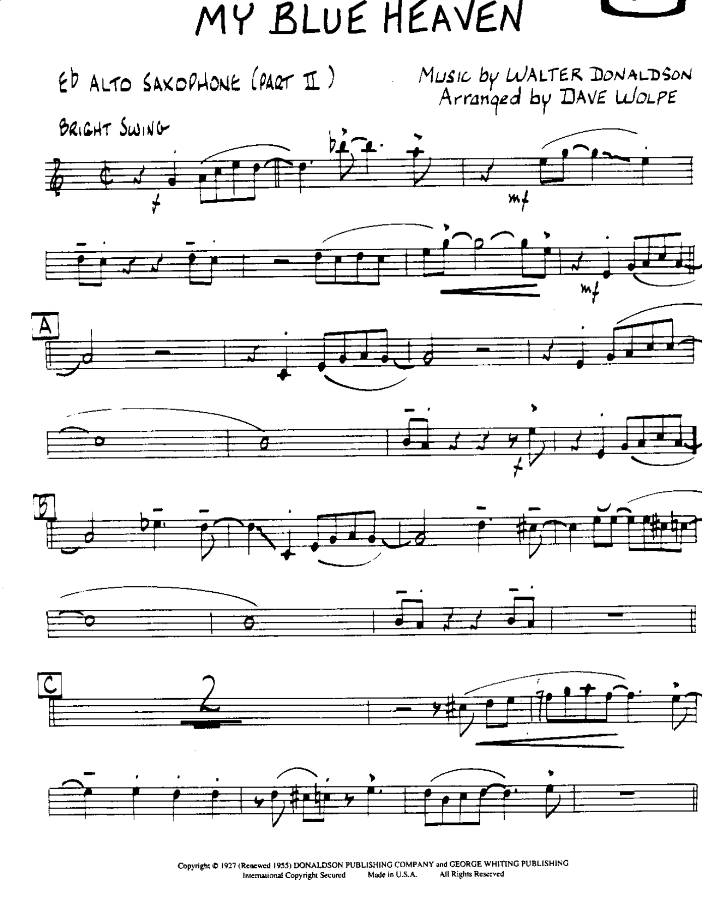 My Blue Heaven-Alto — Small Ensemble sheet music by My Blue Heaven | Jazz Standard