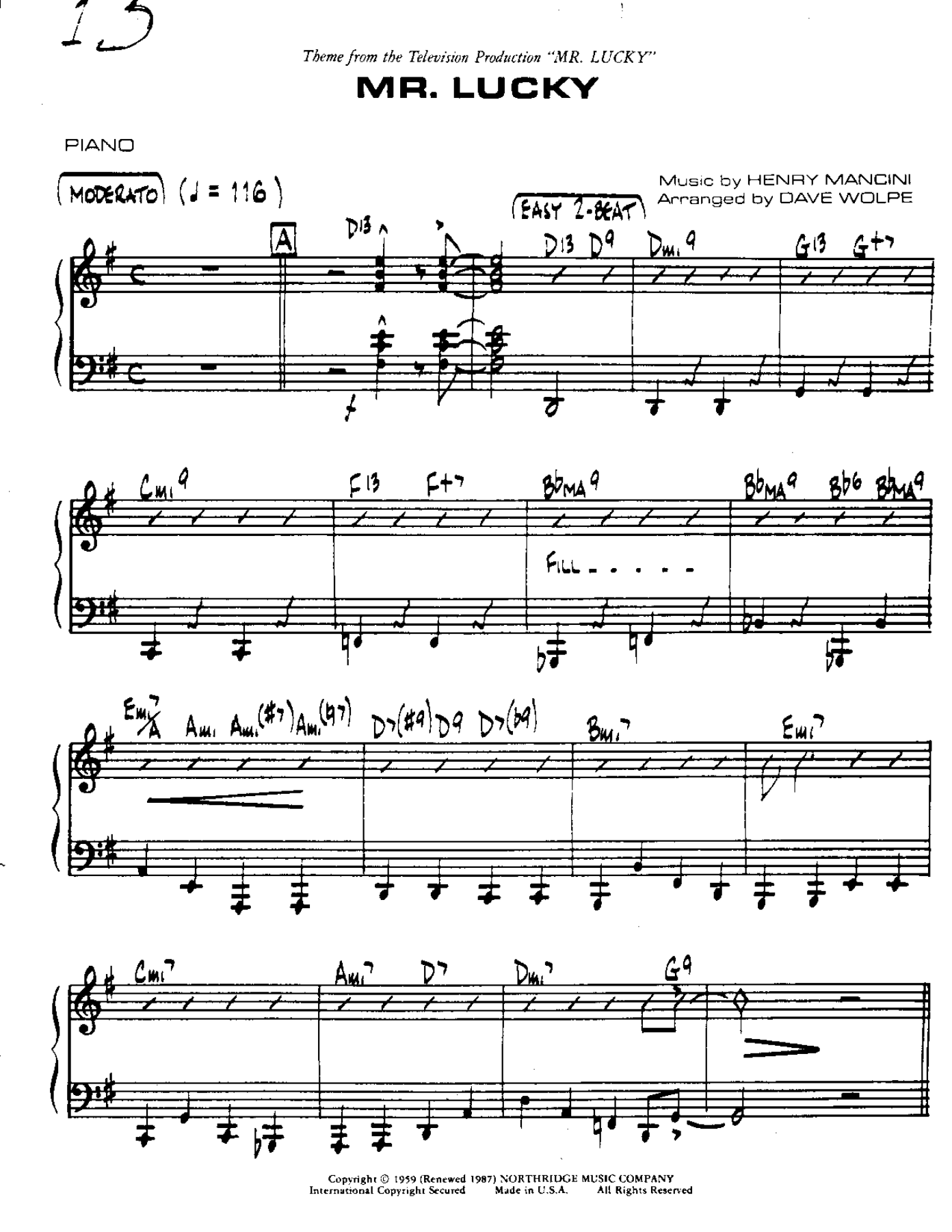 Mr Lucky-Piano — Small Ensemble sheet music arranged by Mr Lucky | Film Music