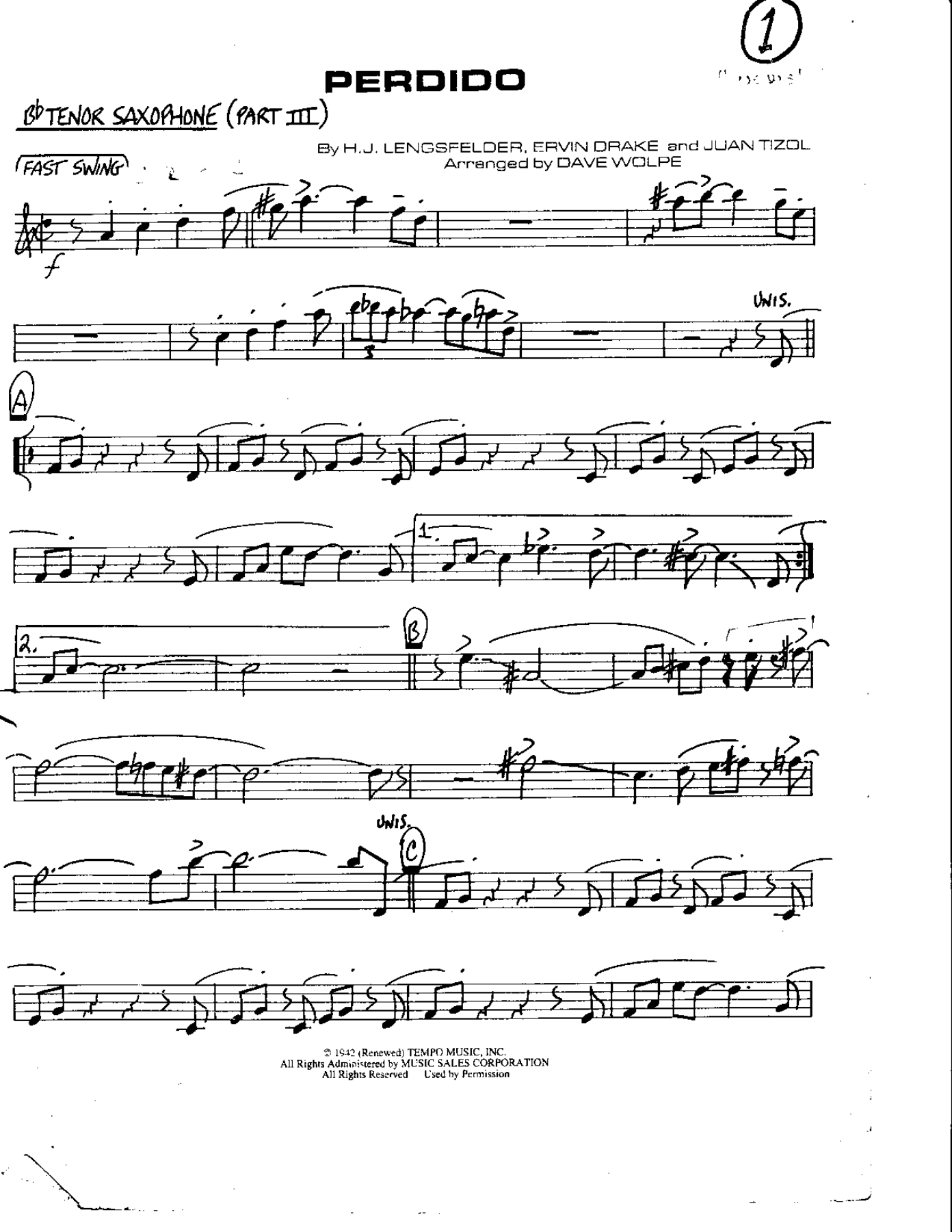 Cirlce 1-Perdido-Tenor — Small Ensemble sheet music arranged by Mr. X | Jazz Standard