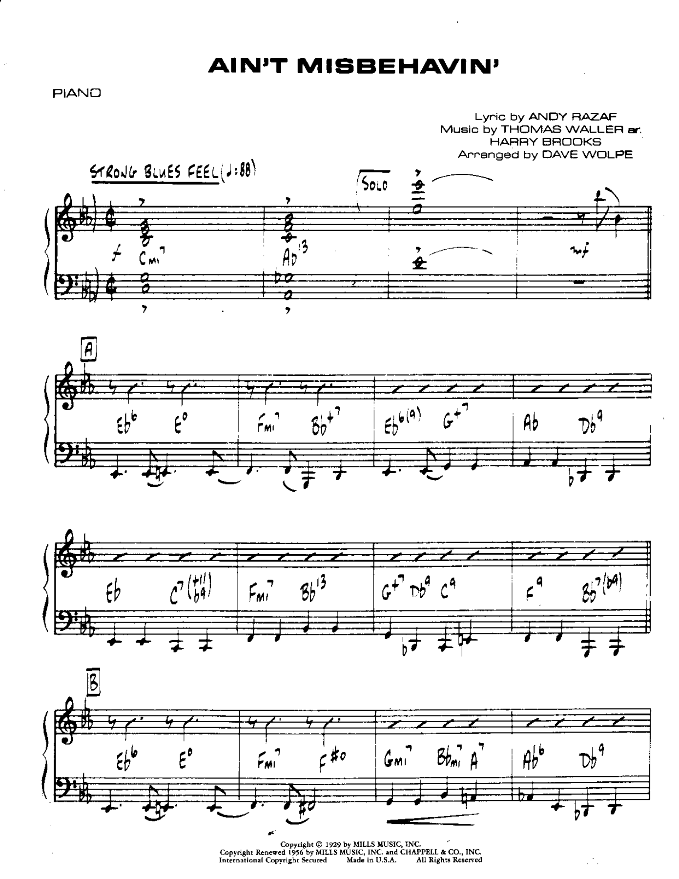 Ain't Misbehavin'-Piano — Small Ensemble sheet music arranged by Mr. X | Jazz Standard