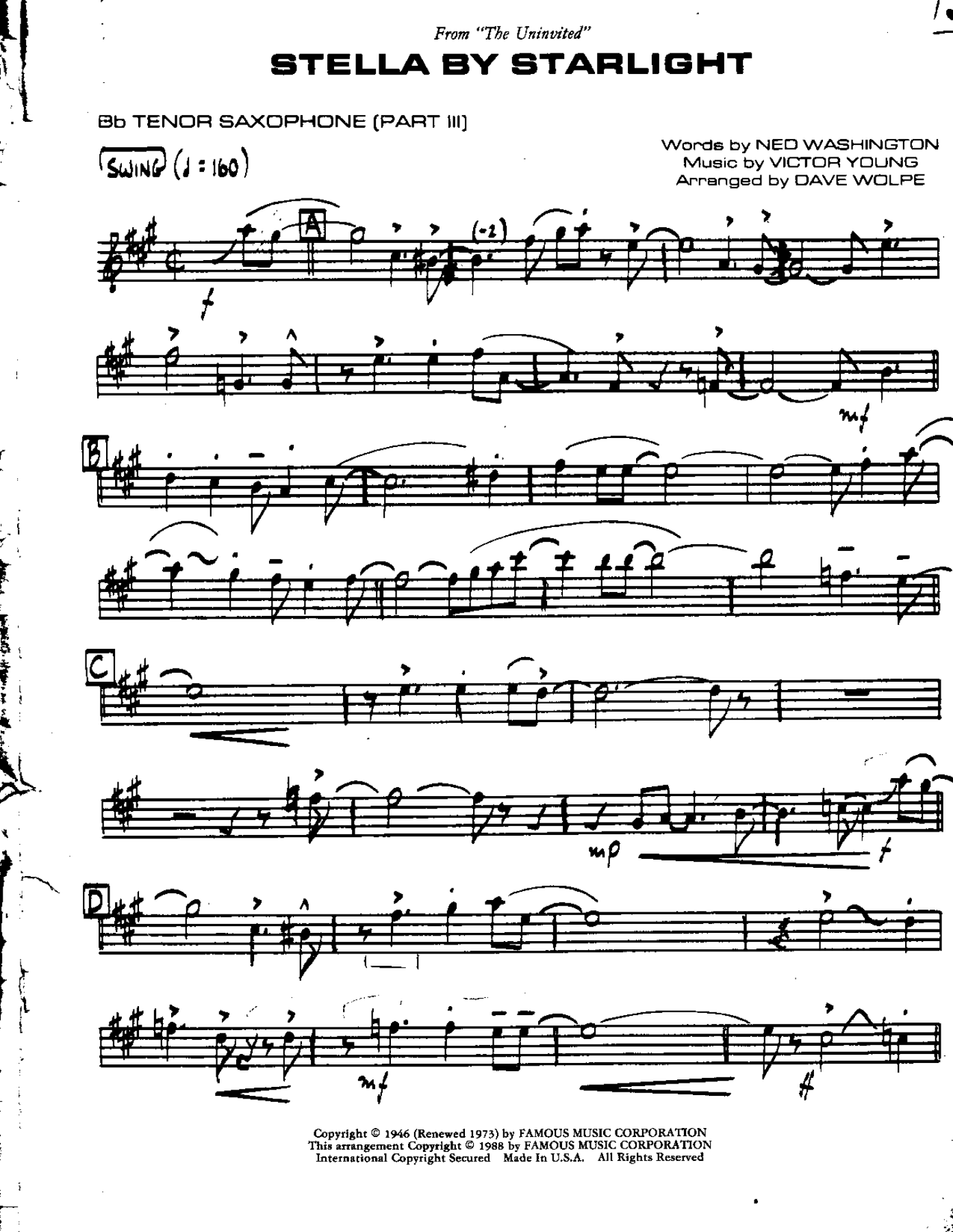 Stella by Starlight-Tenor — Small Ensemble sheet music arranged by Mr. X | Jazz Standard
