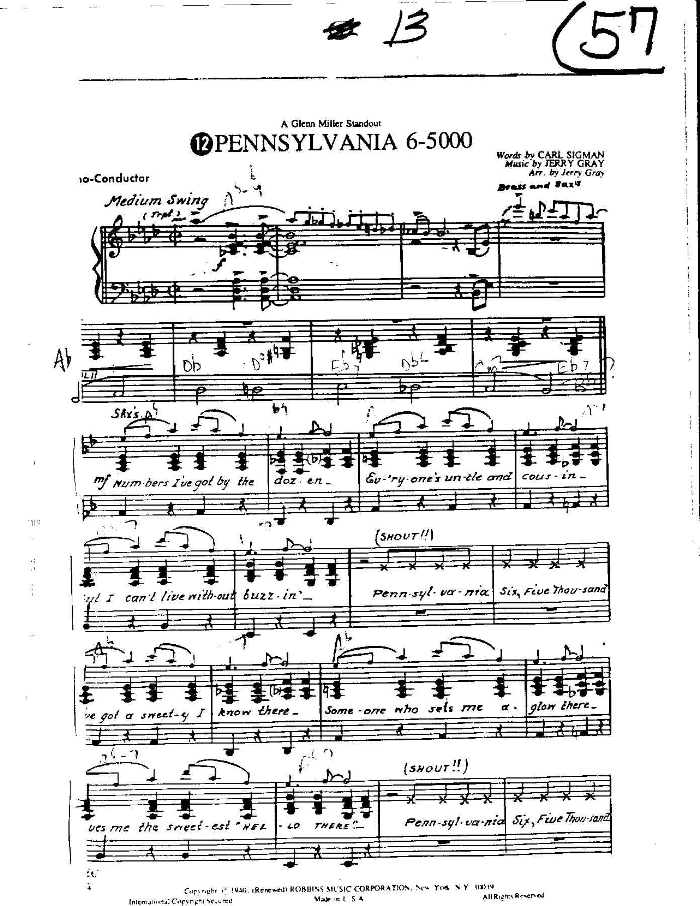 Circle 57-Pennsylvania 6-5000-Piano — sheet music cover (first page)