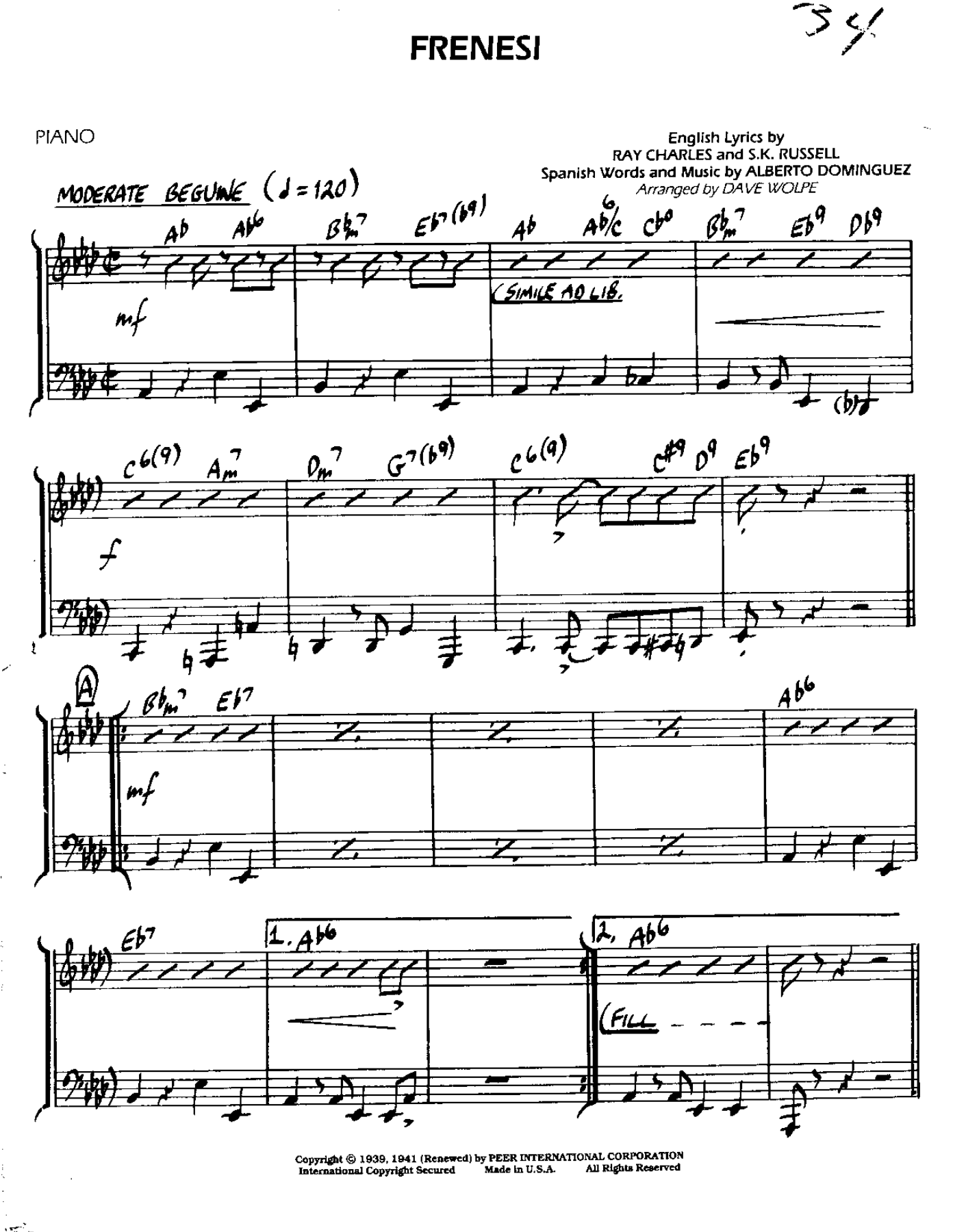 Frenesi-Piano — Small Ensemble sheet music arranged by Mr. X | Latin Jazz