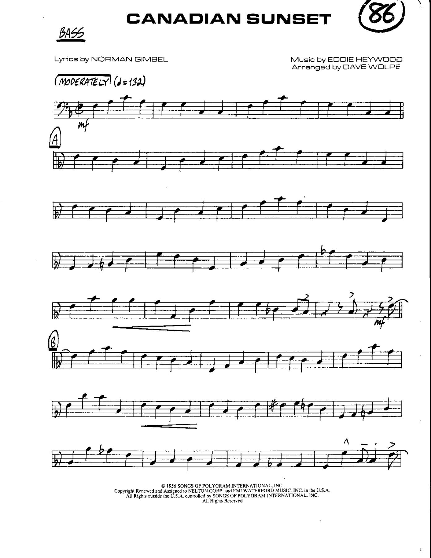 Circle 86-Canandian Sunset-Bass — Small Ensemble sheet music arranged by Mr. X | Ballad