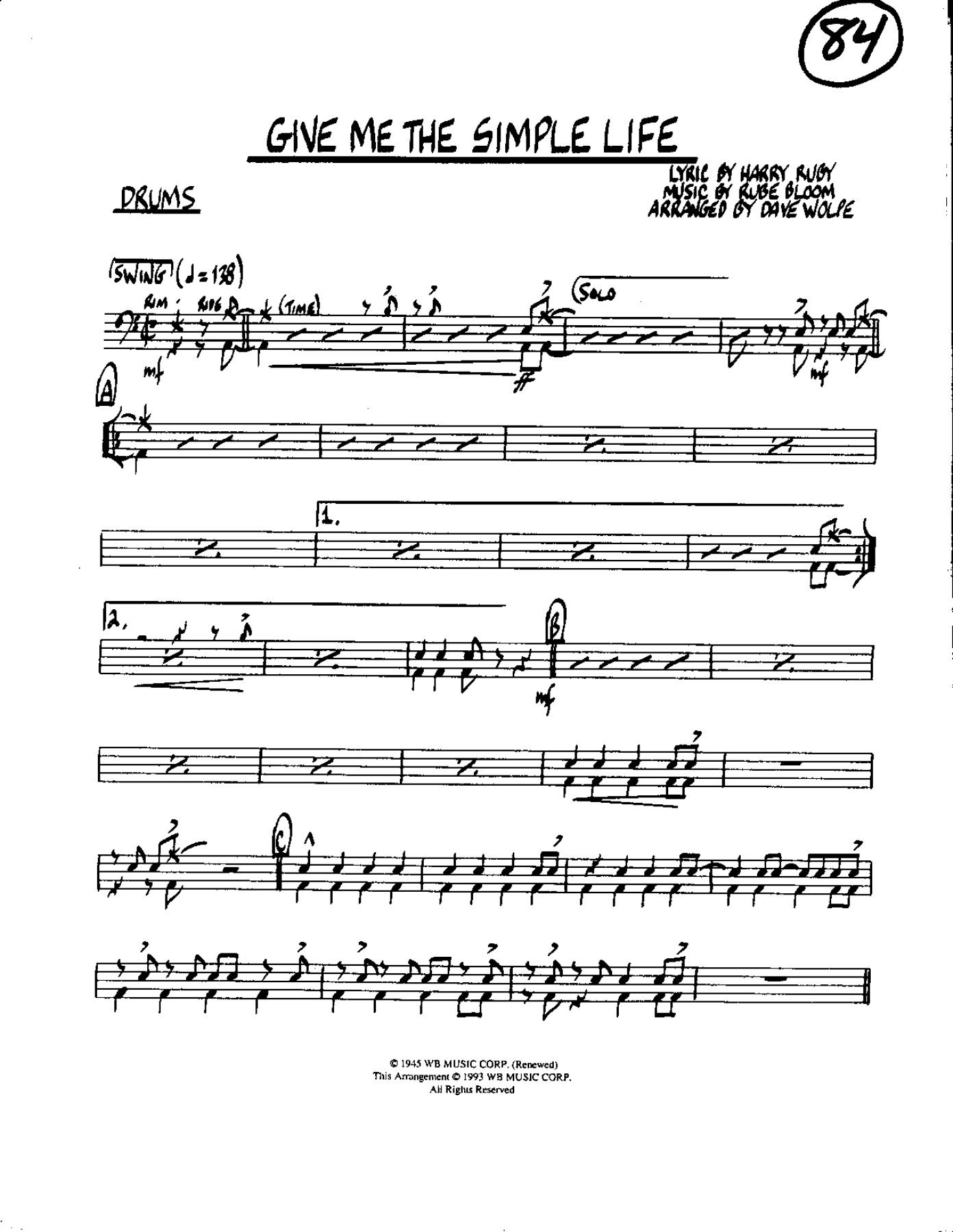 Circle 84-Give me the Simple Life-Drums — sheet music cover (first page)