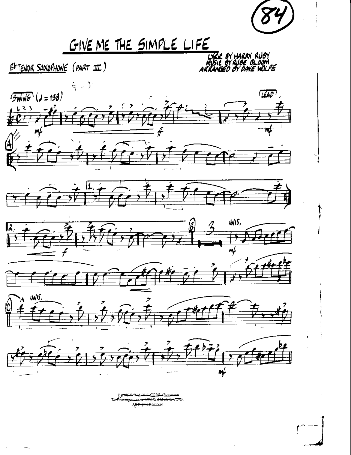 Circle 84-Give me the Simple Life-Tenor — Small Ensemble sheet music arranged by Mr. X | Swing