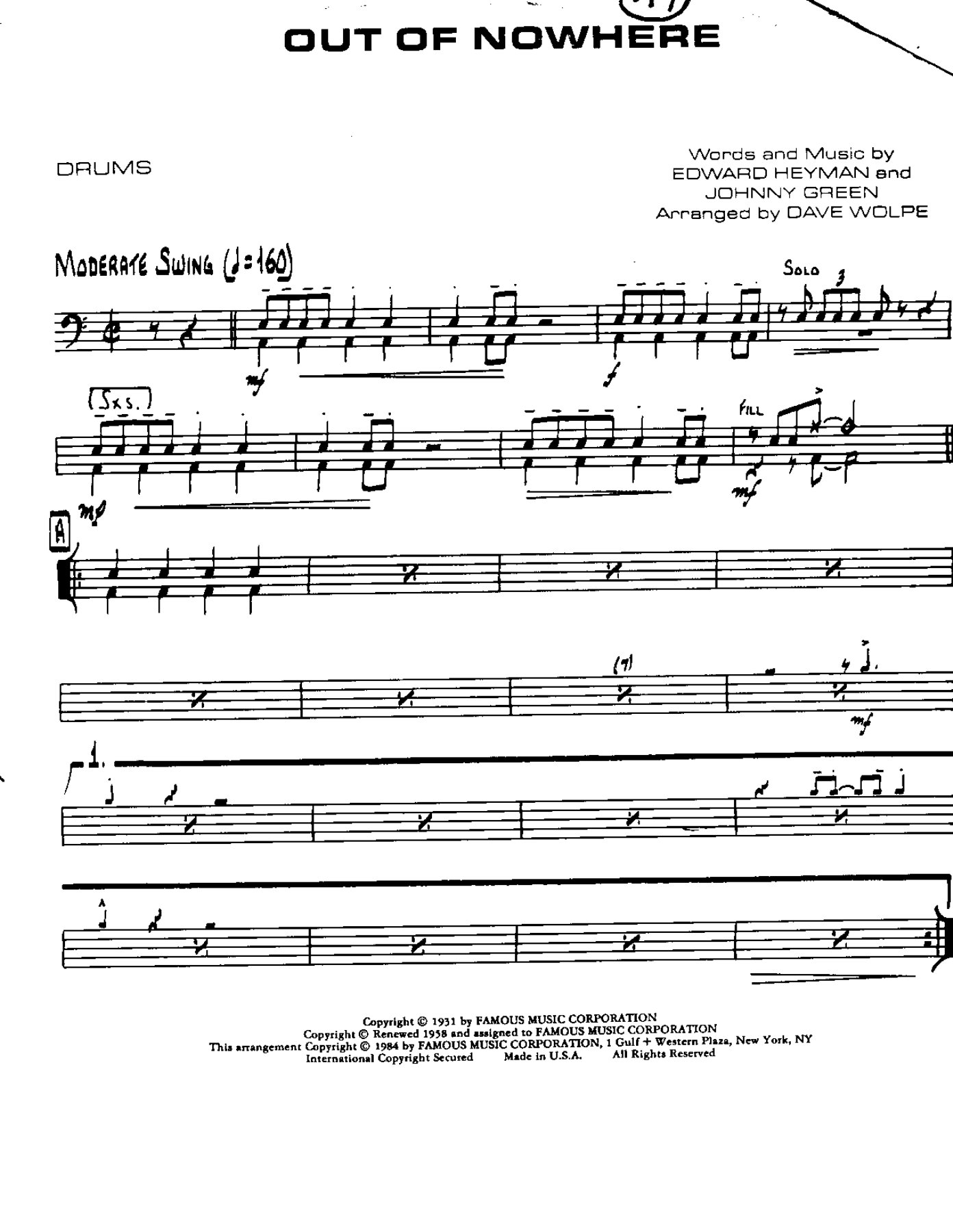 Out of Nowhere-Drums — sheet music cover (first page)