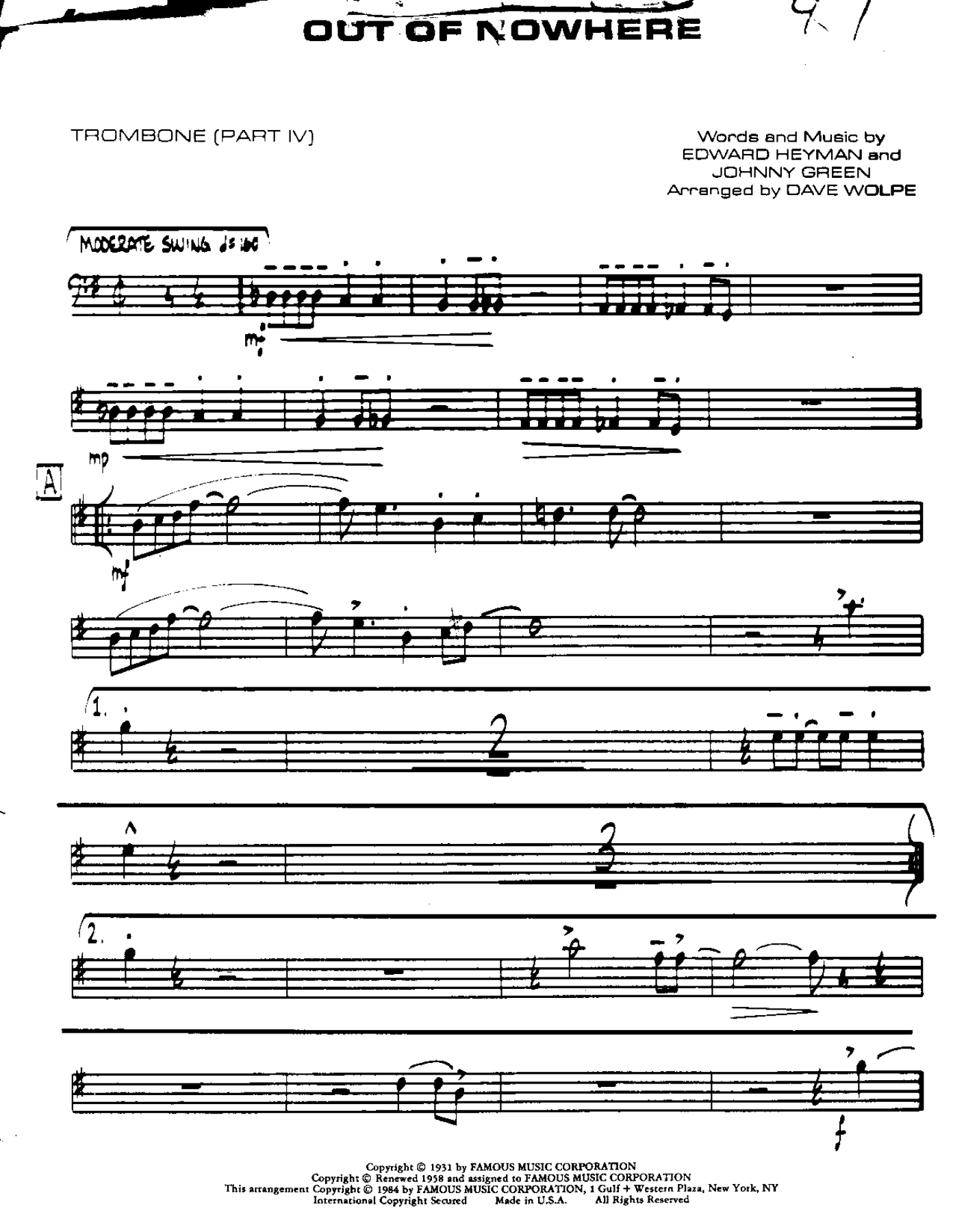 Out of Nowhere-Trombone — sheet music cover (first page)