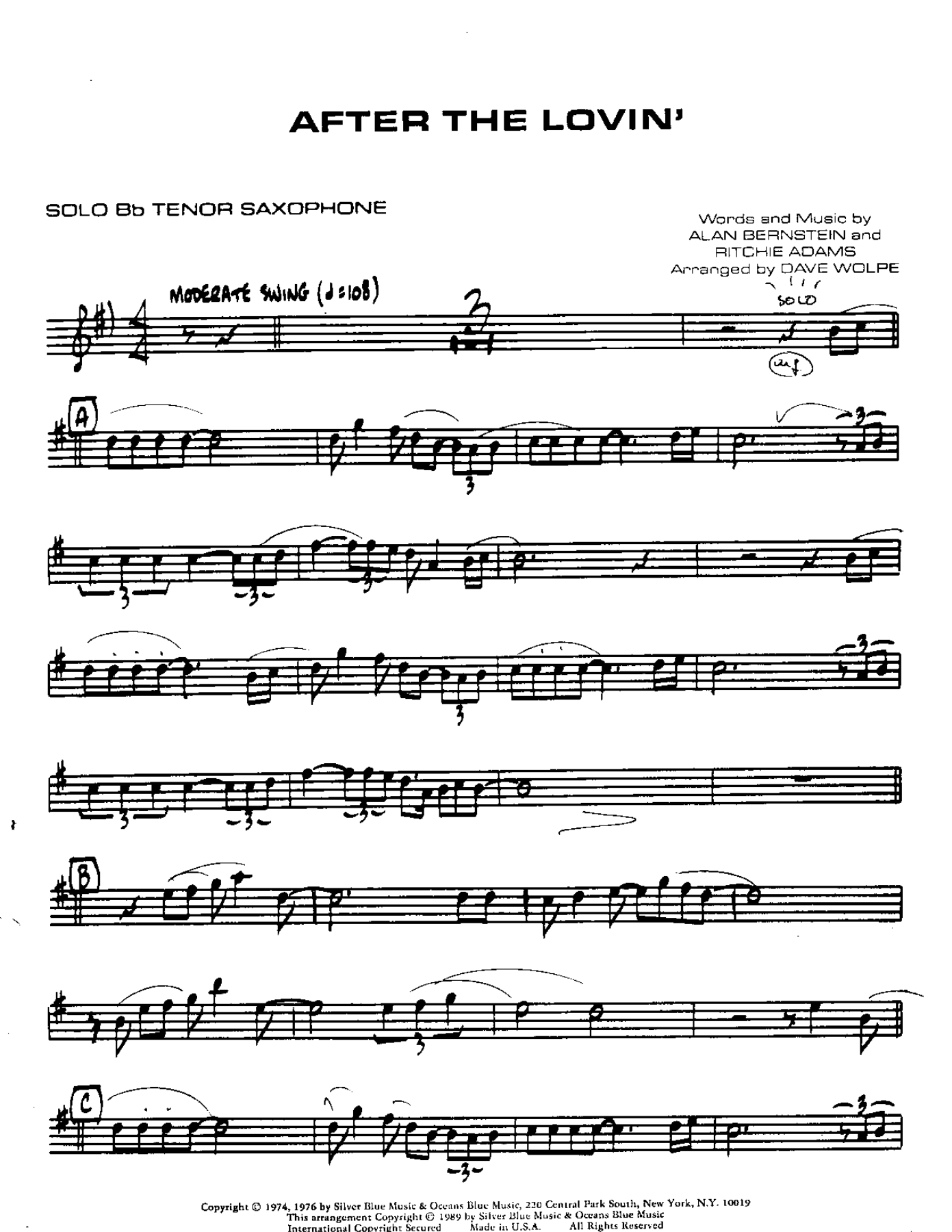 After the Lovin'-Tenor — Small Ensemble sheet music arranged by Mr. X | Pop