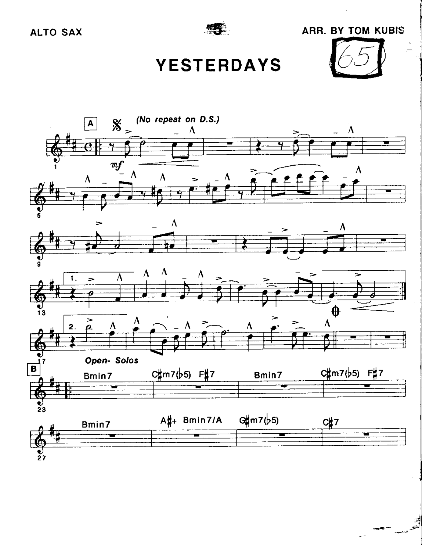 Yesterdays-Alto — sheet music cover (first page)