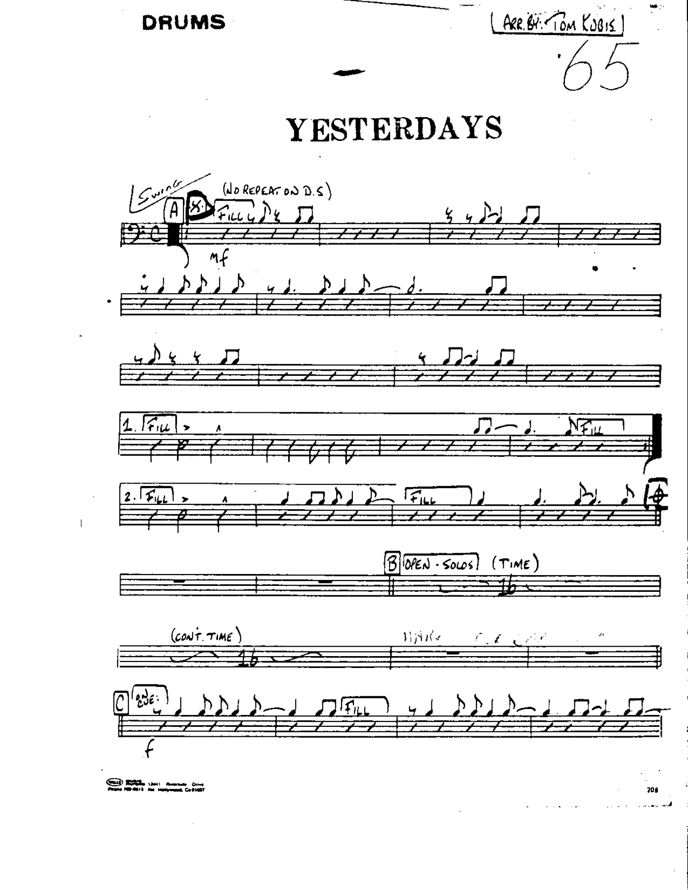 Yesterdays-Drums — sheet music cover (first page)