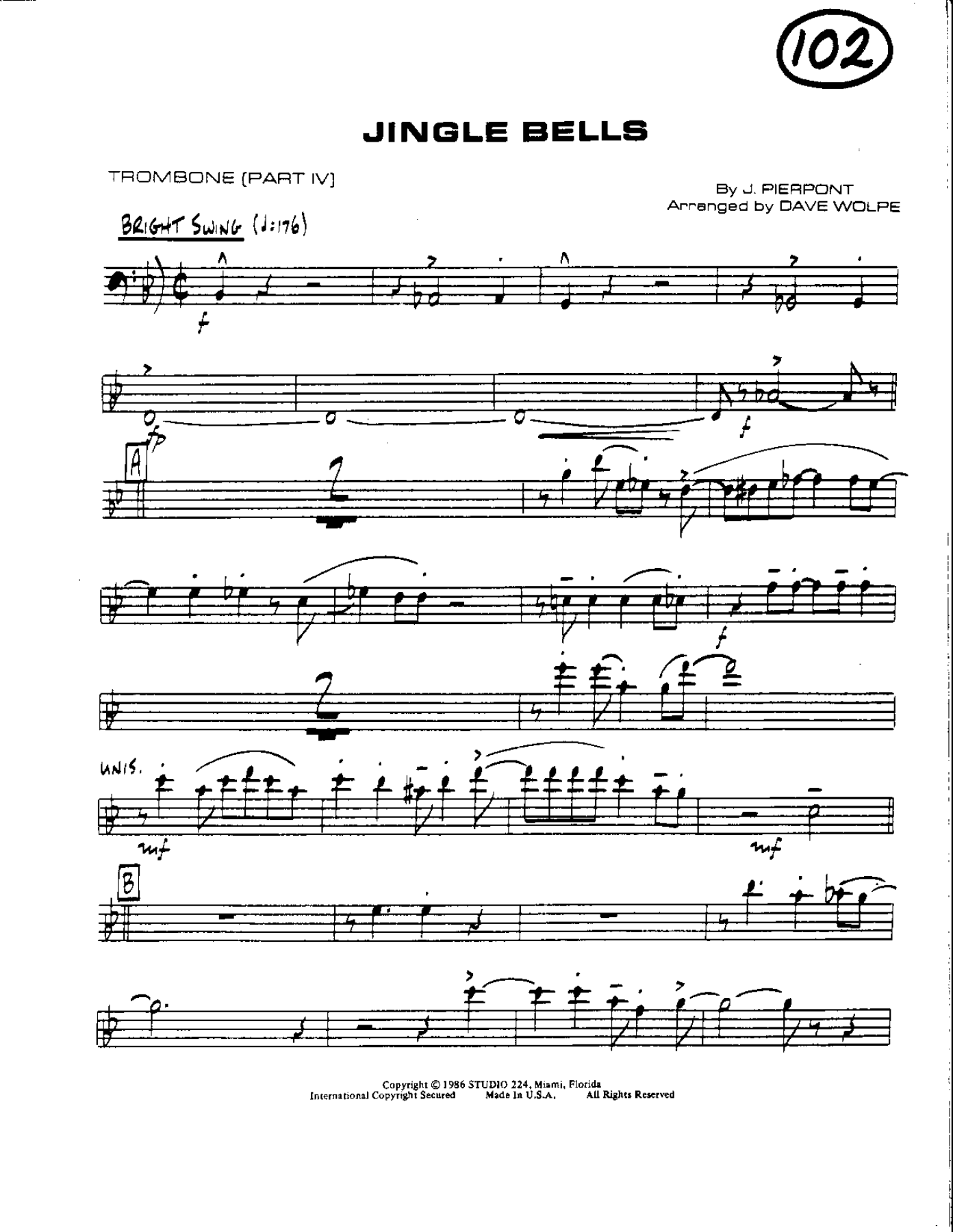 Circle 102-Jingle Bells-Trombone — sheet music cover (first page)