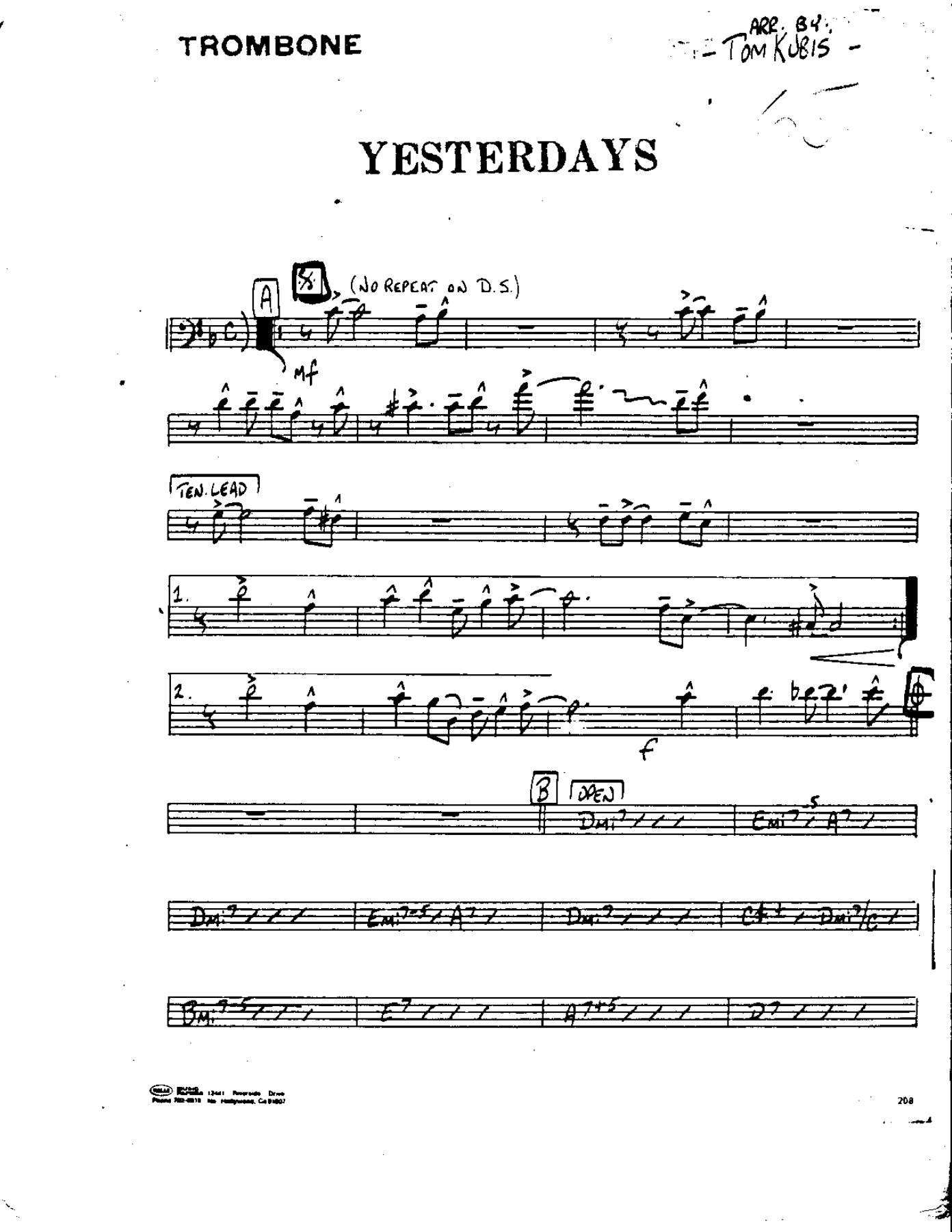 Yesterdays-Trombone — sheet music cover (first page)