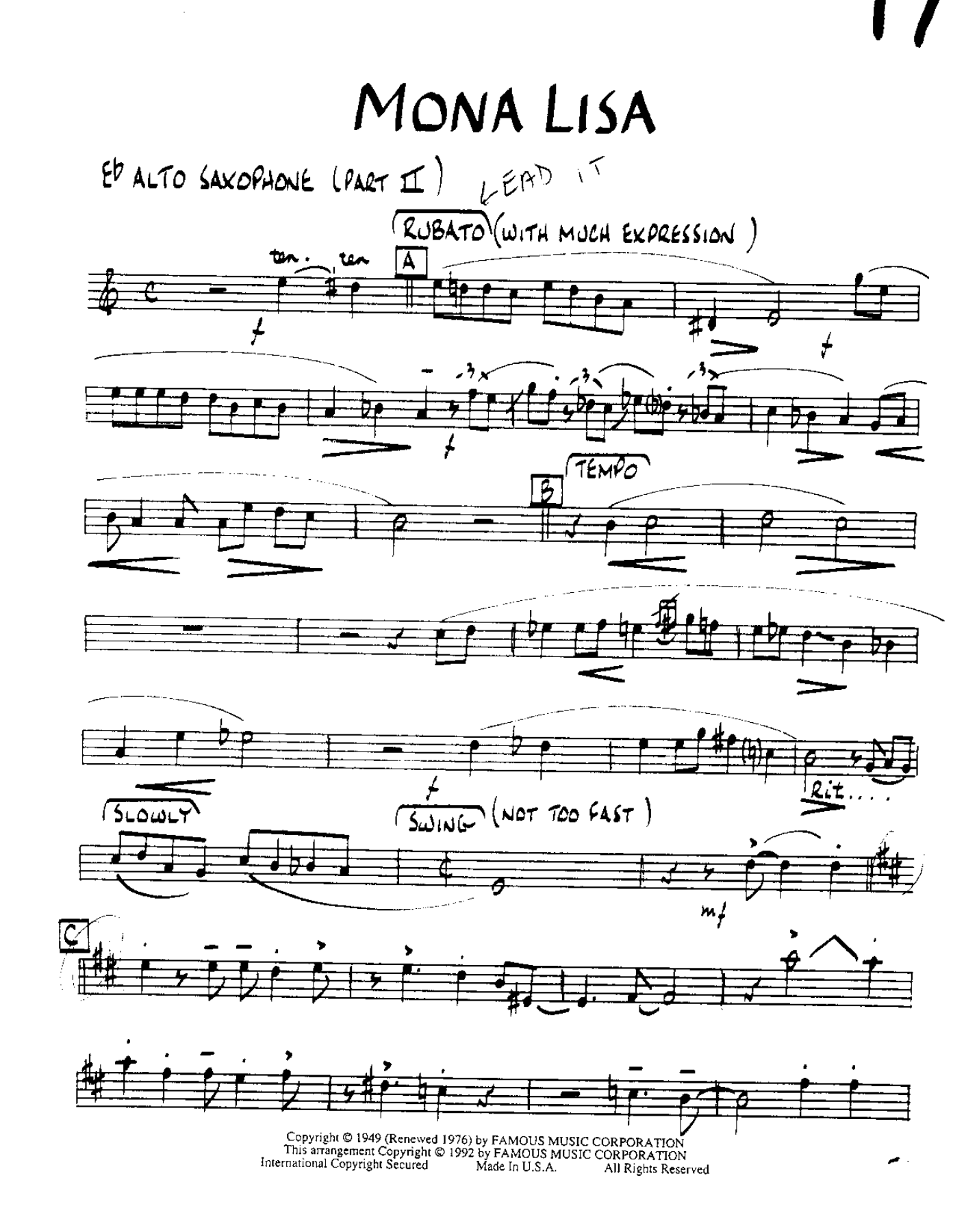 Mona Lisa-Alto — sheet music cover (first page)