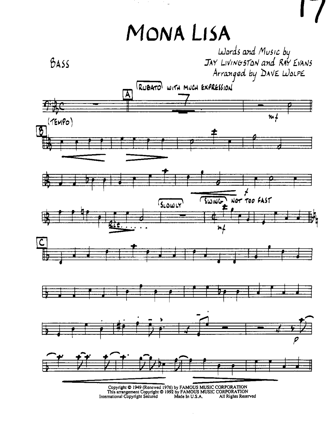 Mona Lisa-Bass — Small Ensemble sheet music arranged by Mr. X | Ballad