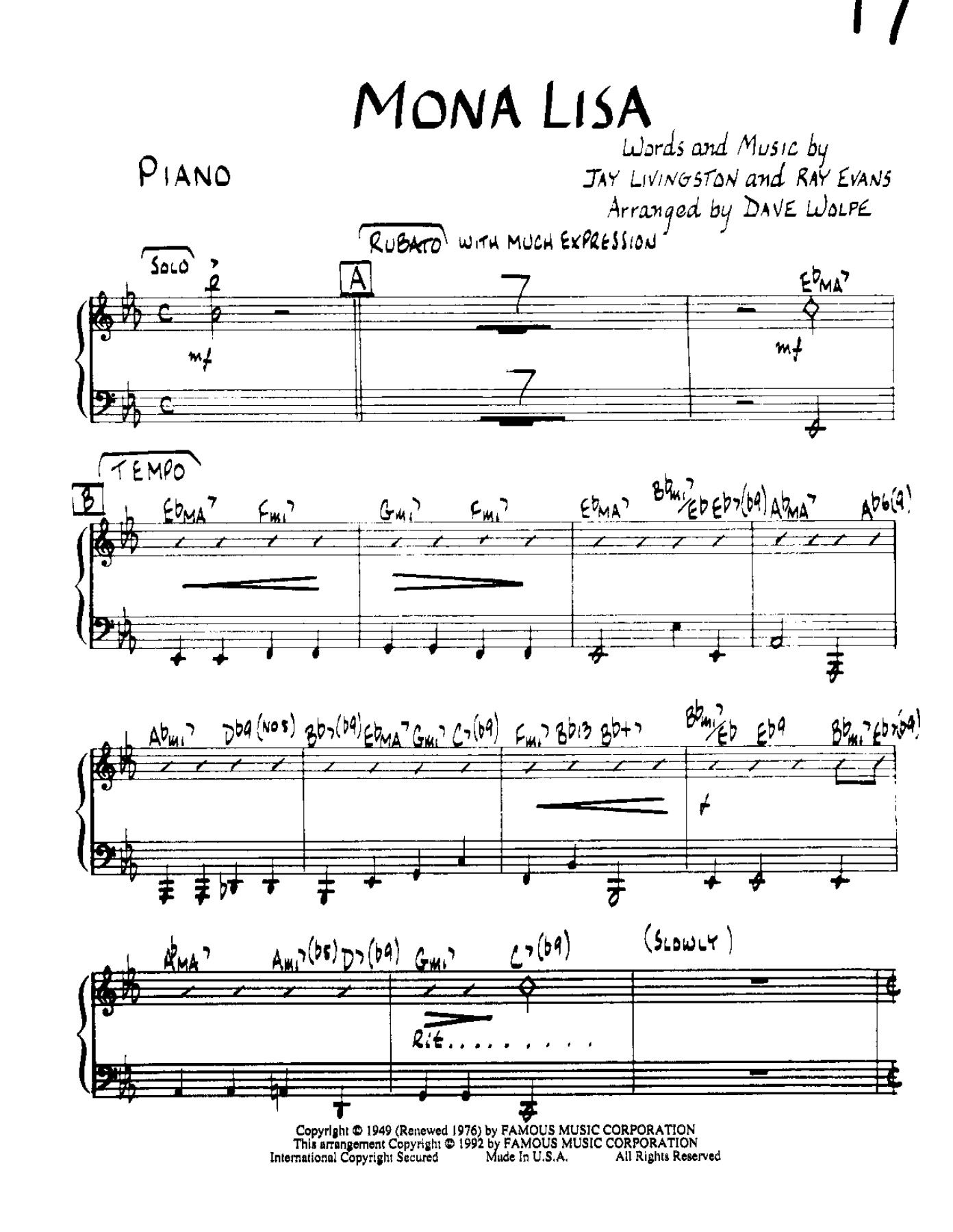 Mona Lisa-Piano — Small Ensemble sheet music arranged by Mr. X | Ballad