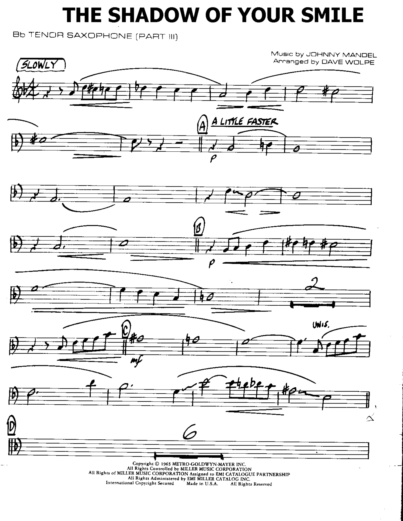 The Shadow of your Smile-Tenor — Small Ensemble sheet music arranged by Mr. X | Film Music