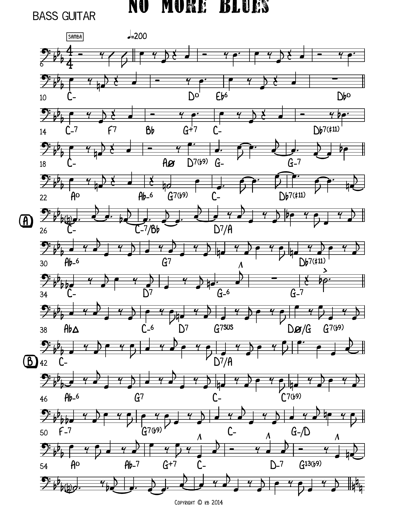 No More Blues Bass Guitar — Small Ensemble sheet music arranged by Mr. X | Bossa Nova