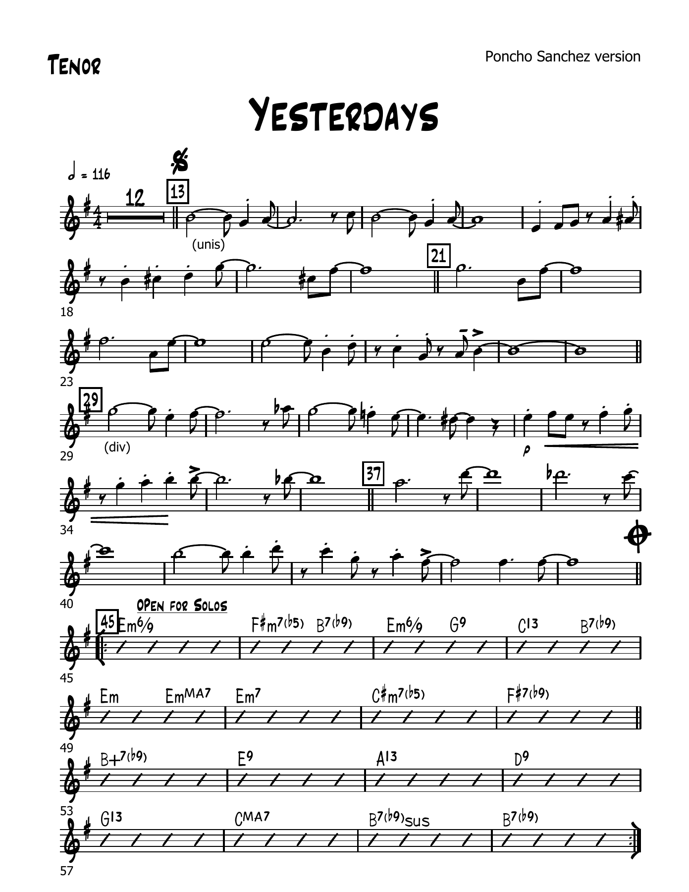 Yesterdays — sheet music cover (first page)