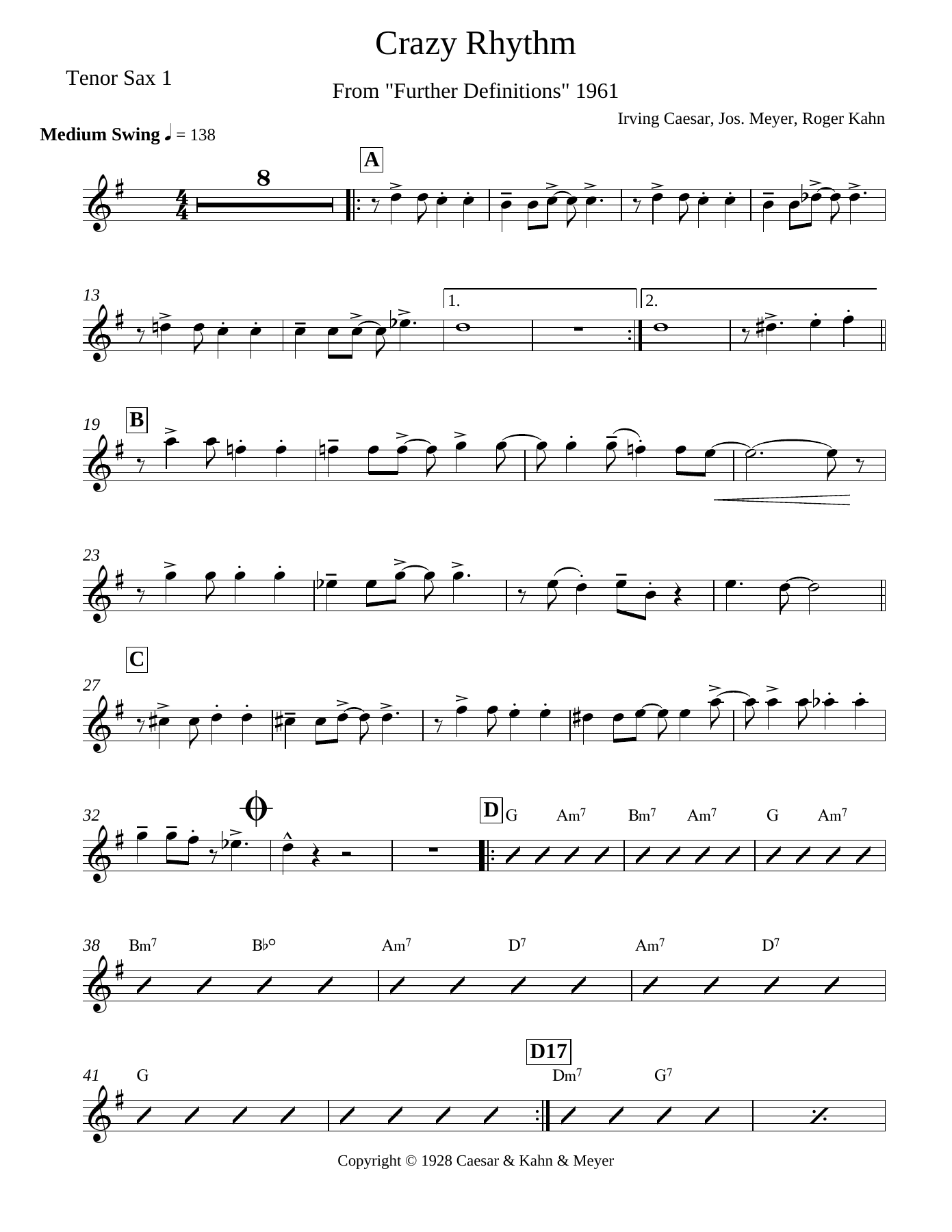 Crazy Rhythm Tenor Sax — Small Ensemble sheet music arranged by Irving Caesar, Jos. Meyer, Roger Kahn | Swing