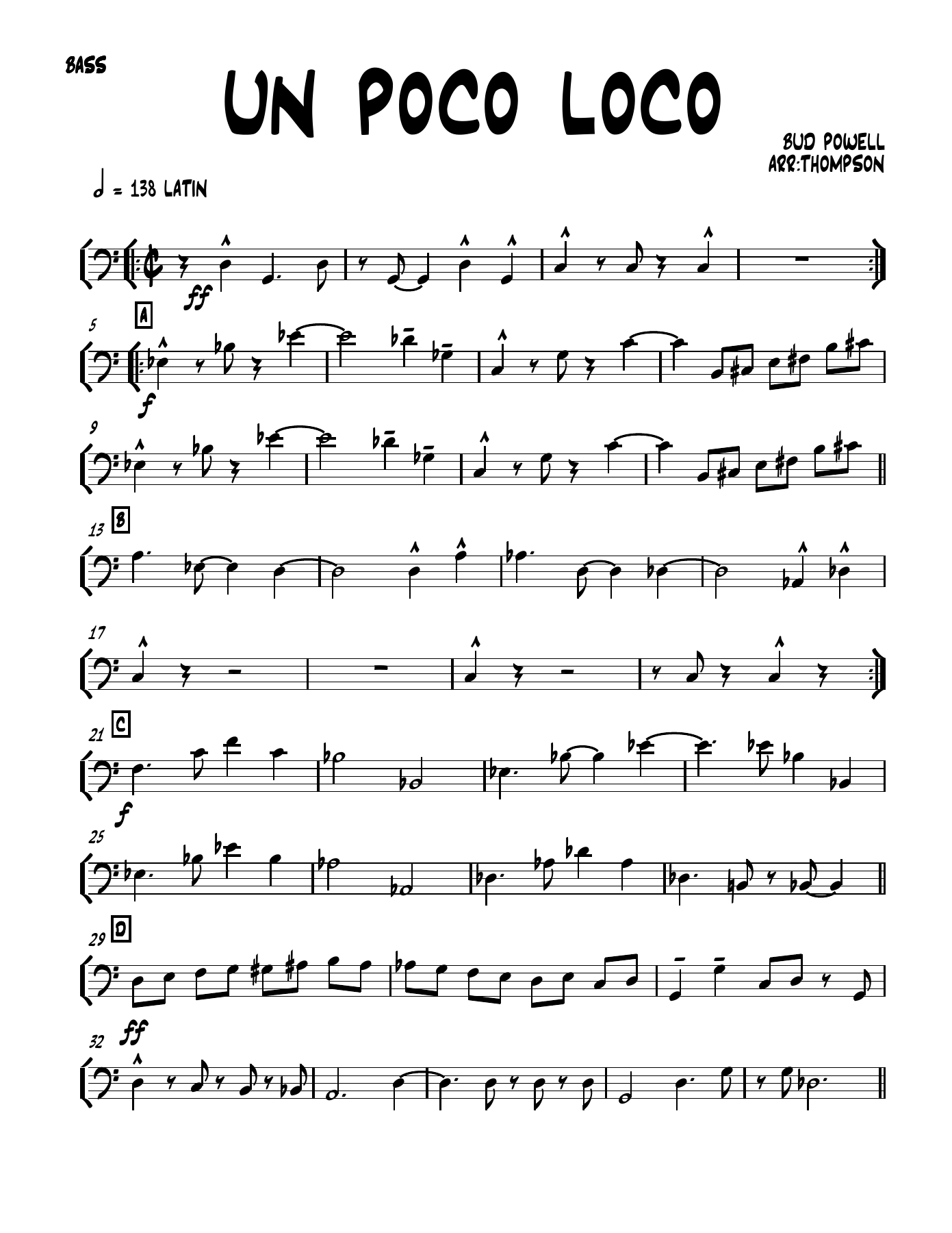 un poco loco 4 01 bass — Small Ensemble sheet music arranged by THOMPSON | Bebop
