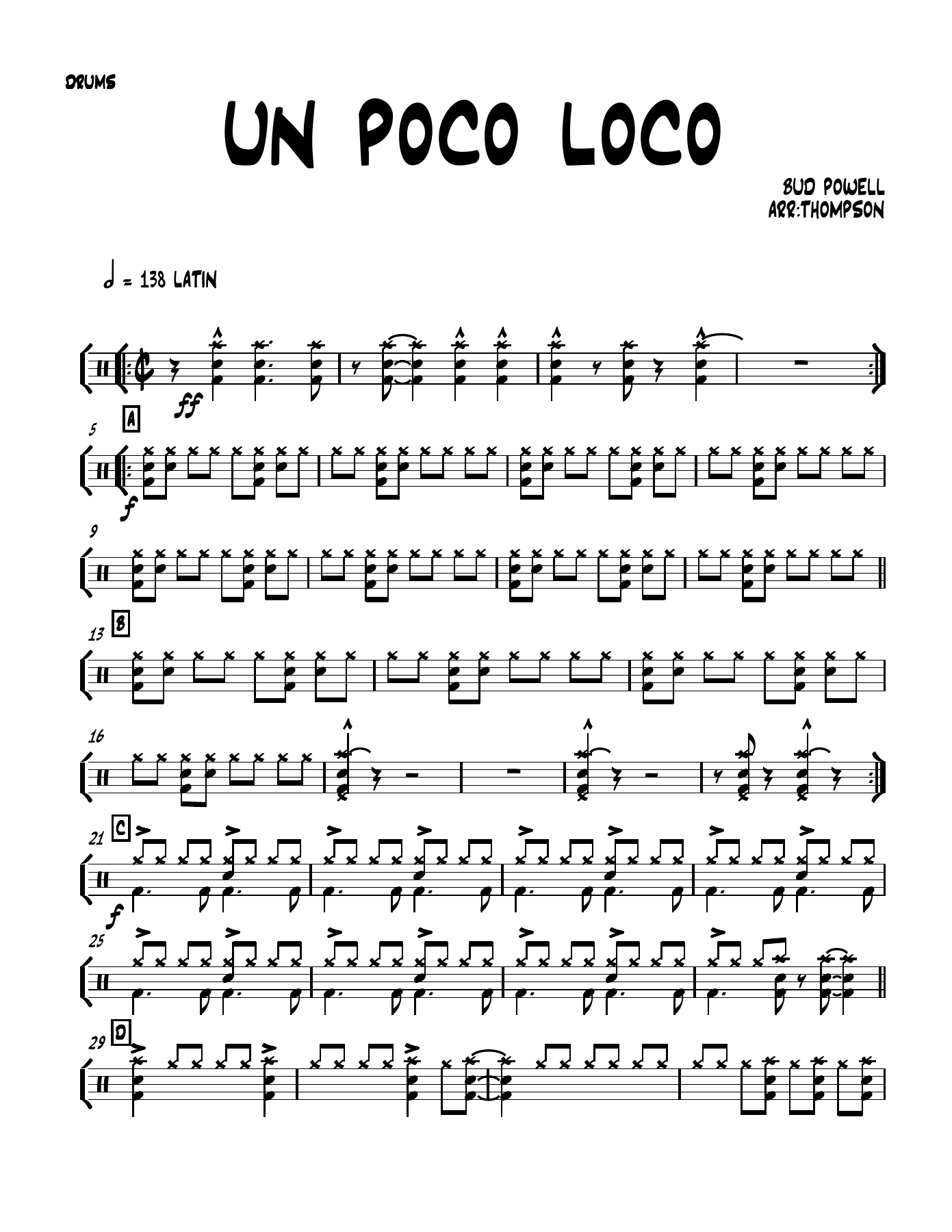 un poco loco 4 01 drums — sheet music cover (first page)