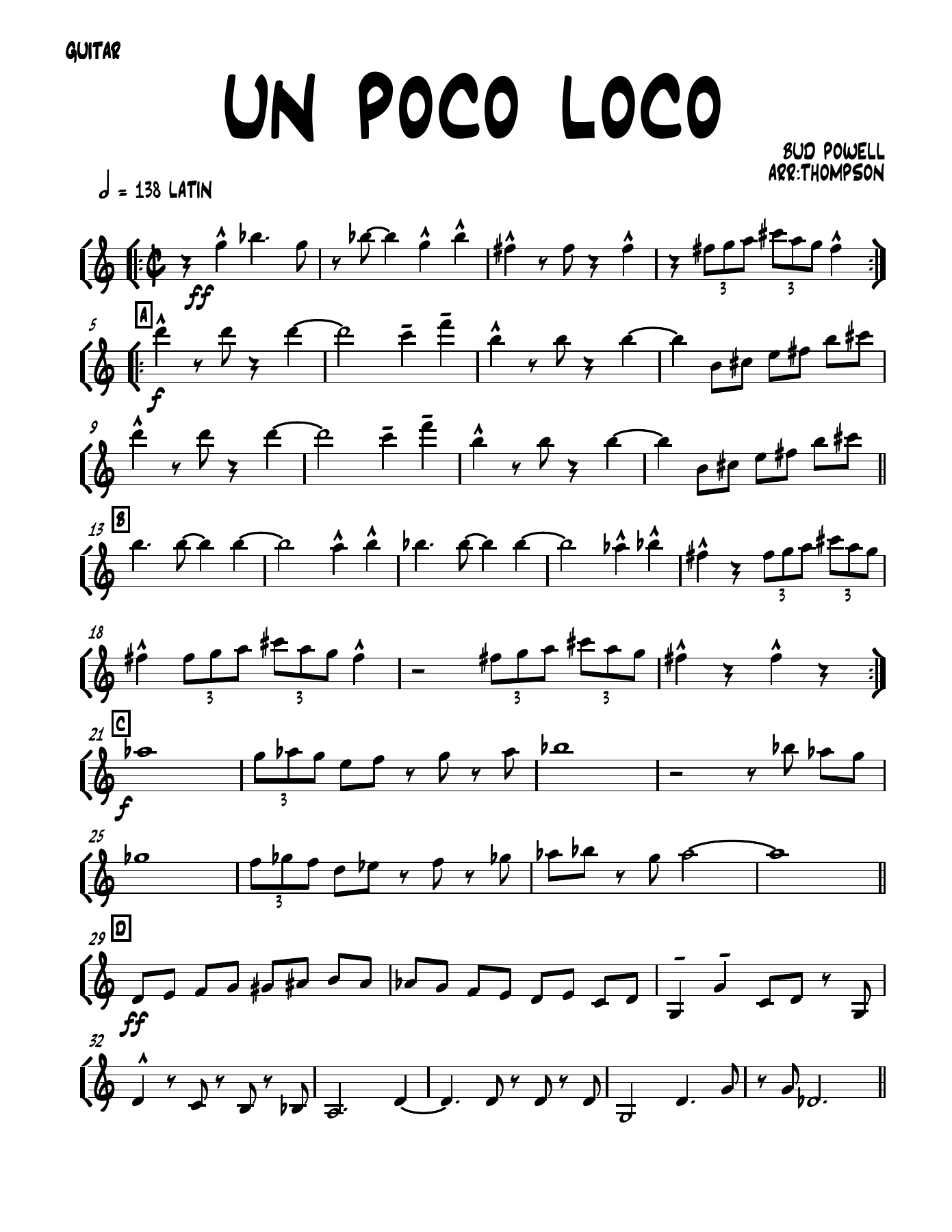 un poco loco 4 01 GUITAR — Small Ensemble sheet music arranged by THOMPSON | Bebop