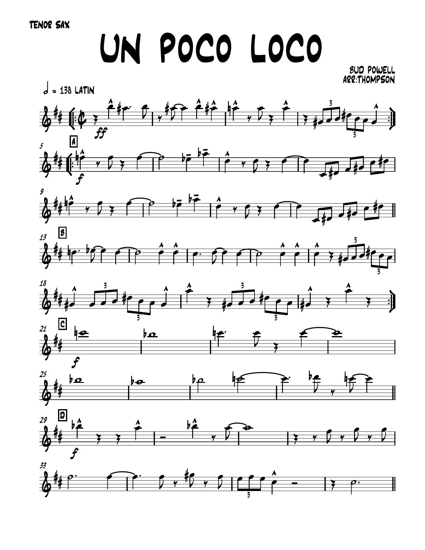 un poco loco 4 01 TENOR SAX — スモールアンサンブル sheet music by THOMPSON | Bebop
