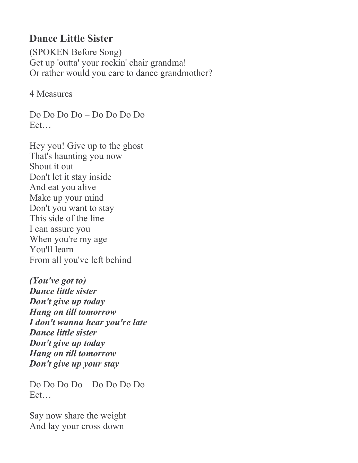 Dance Little Sister lyrics — sheet music cover (first page)