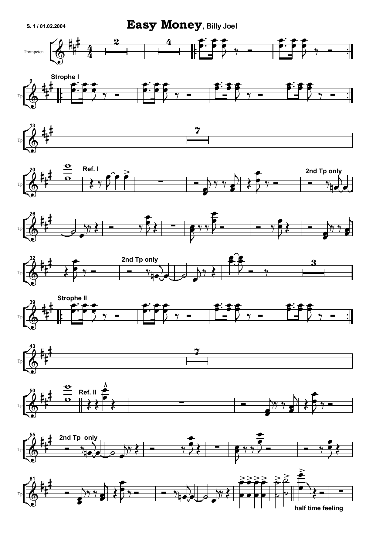 Easy Money Tp — sheet music cover (first page)