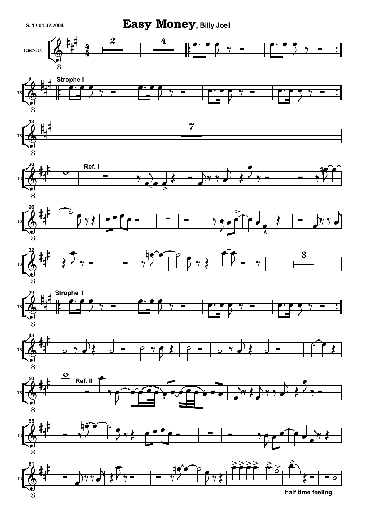 Easy Money TS — sheet music cover (first page)