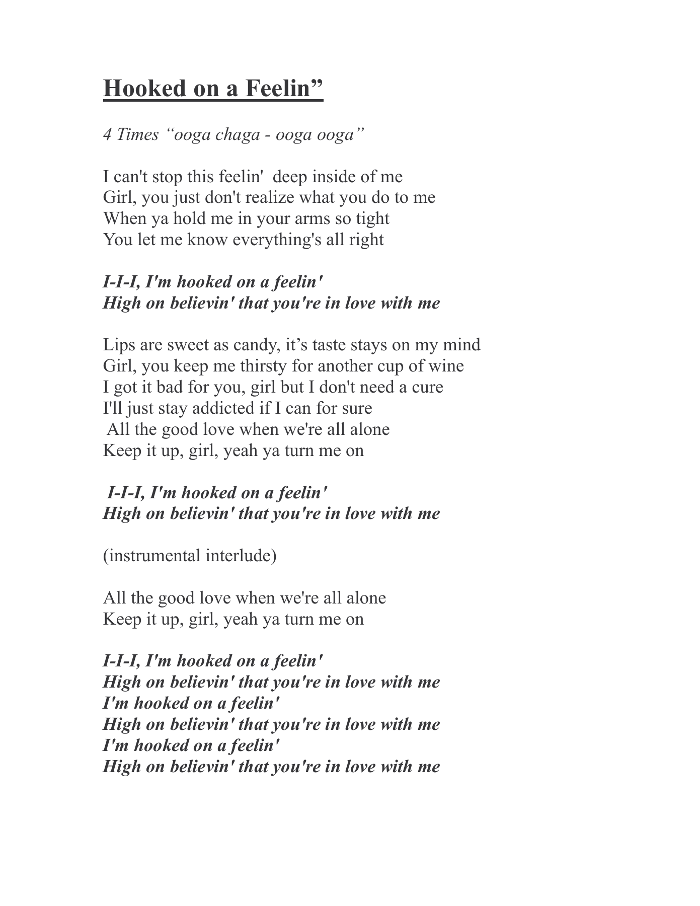 Hooked on a feelin Lyrics — sheet music preview