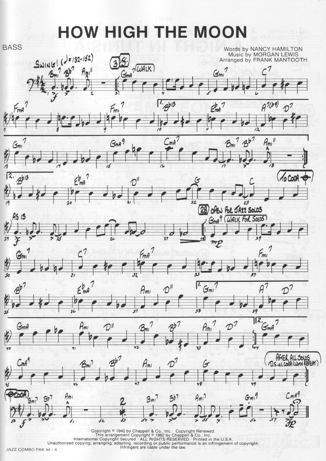 How High The Moon Bass — sheet music preview
