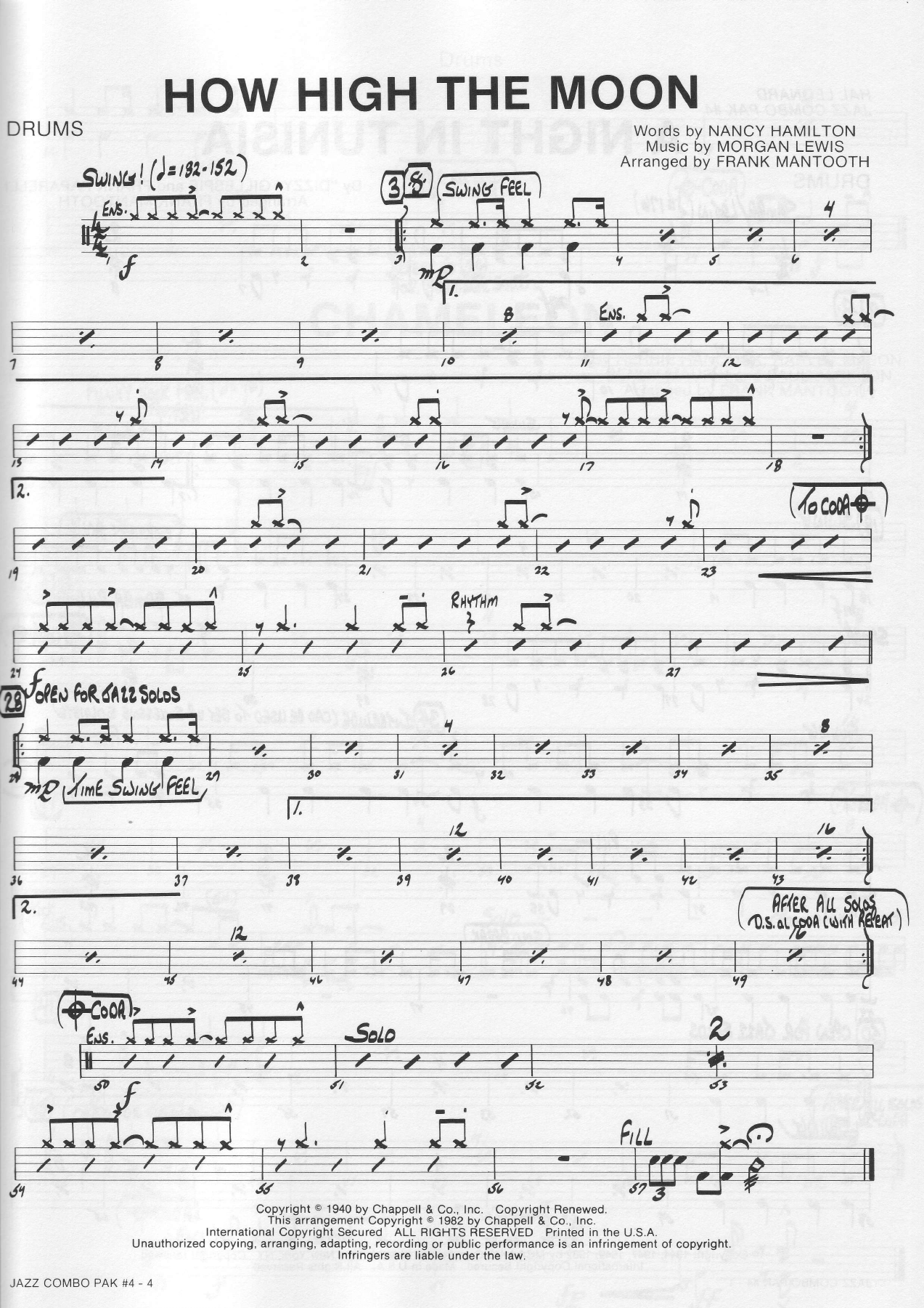 How High The Moon Drums — sheet music preview