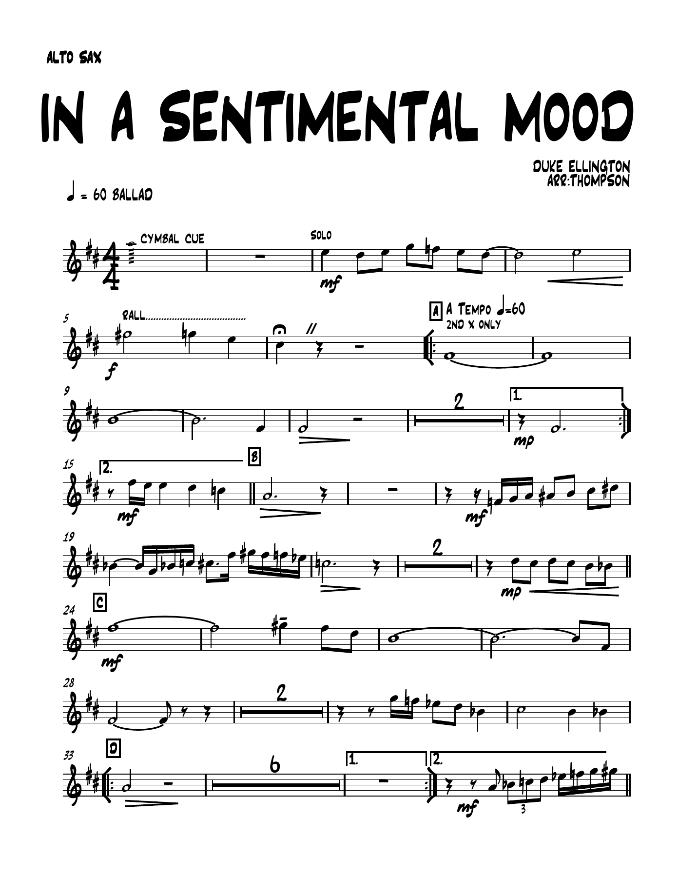 In A Sentimental Mood — Small Ensemble sheet music arranged by THOMPSON | Ballad