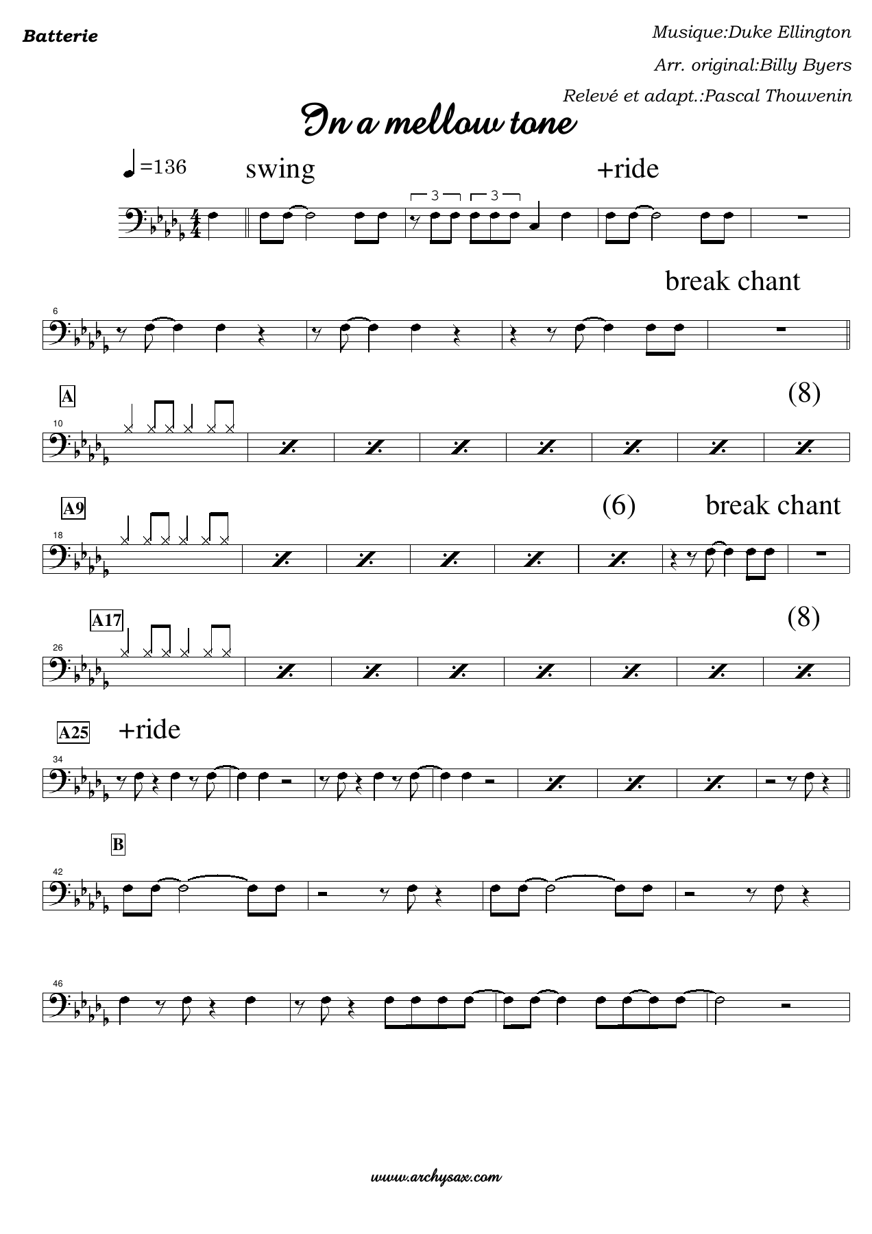 In a mellow tone Batterie — sheet music cover (first page)
