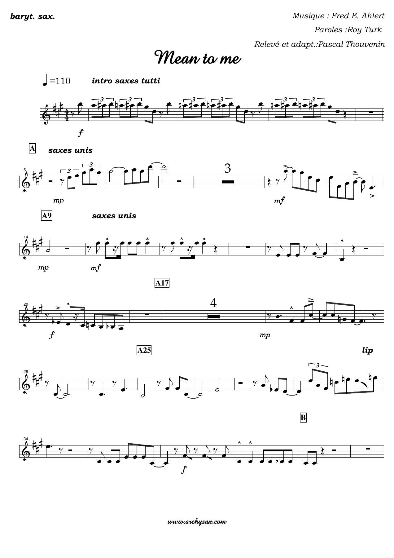 Mean to me baryt. sax. — big_band_vocal sheet music arranged by Pascal Thouvenin | Jazz Standard