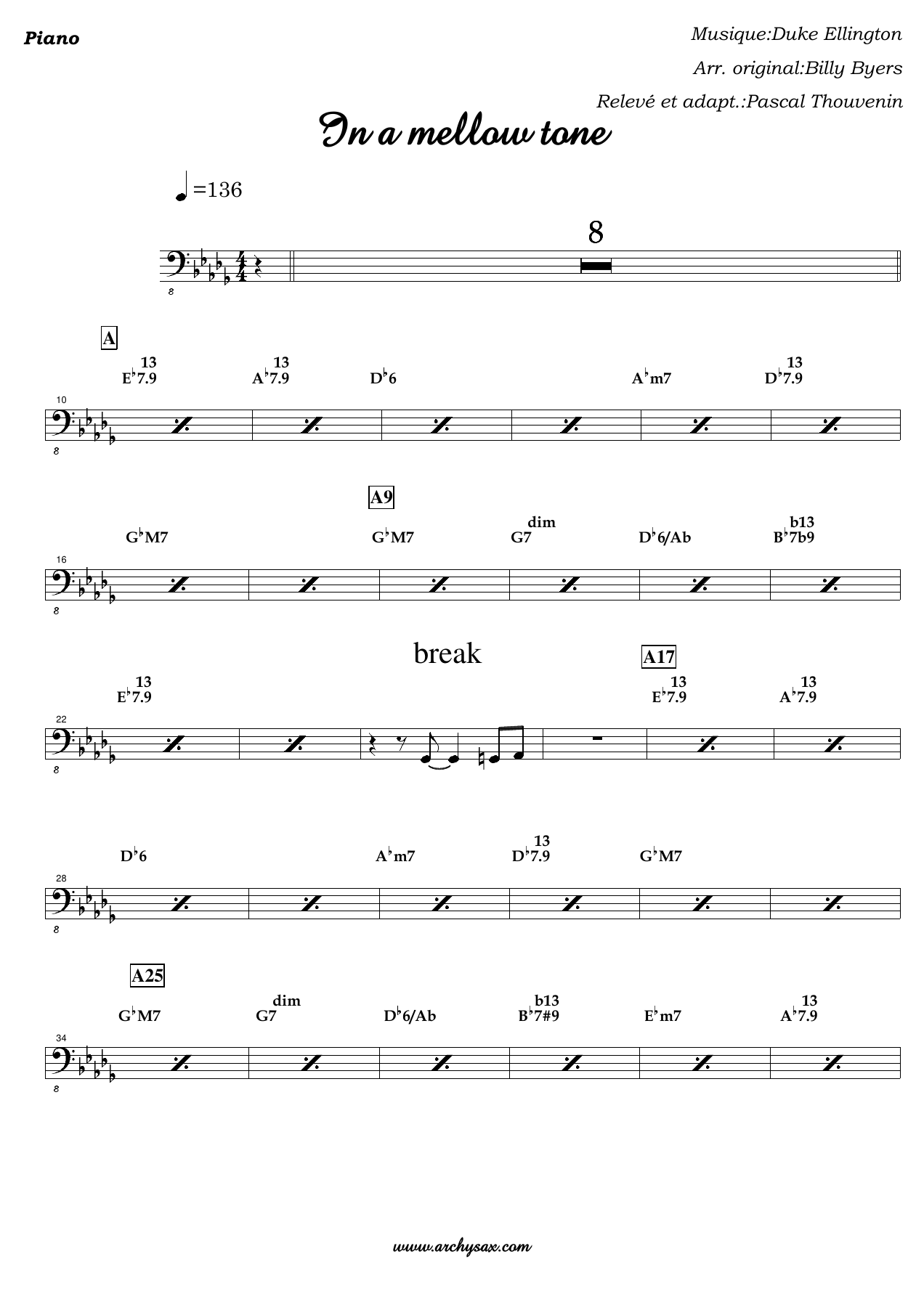 In a mellow tone Piano — big_band_vocal sheet music arranged by Pascal Thouvenin | Swing