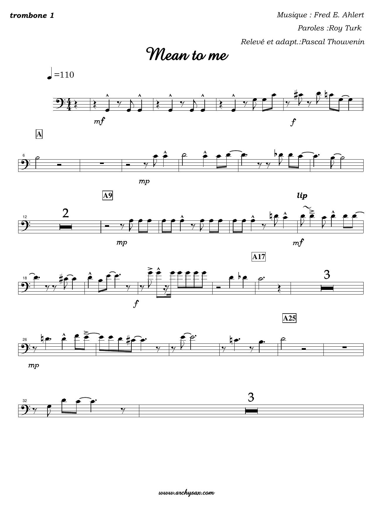 Mean to me trombone — sheet music cover (first page)