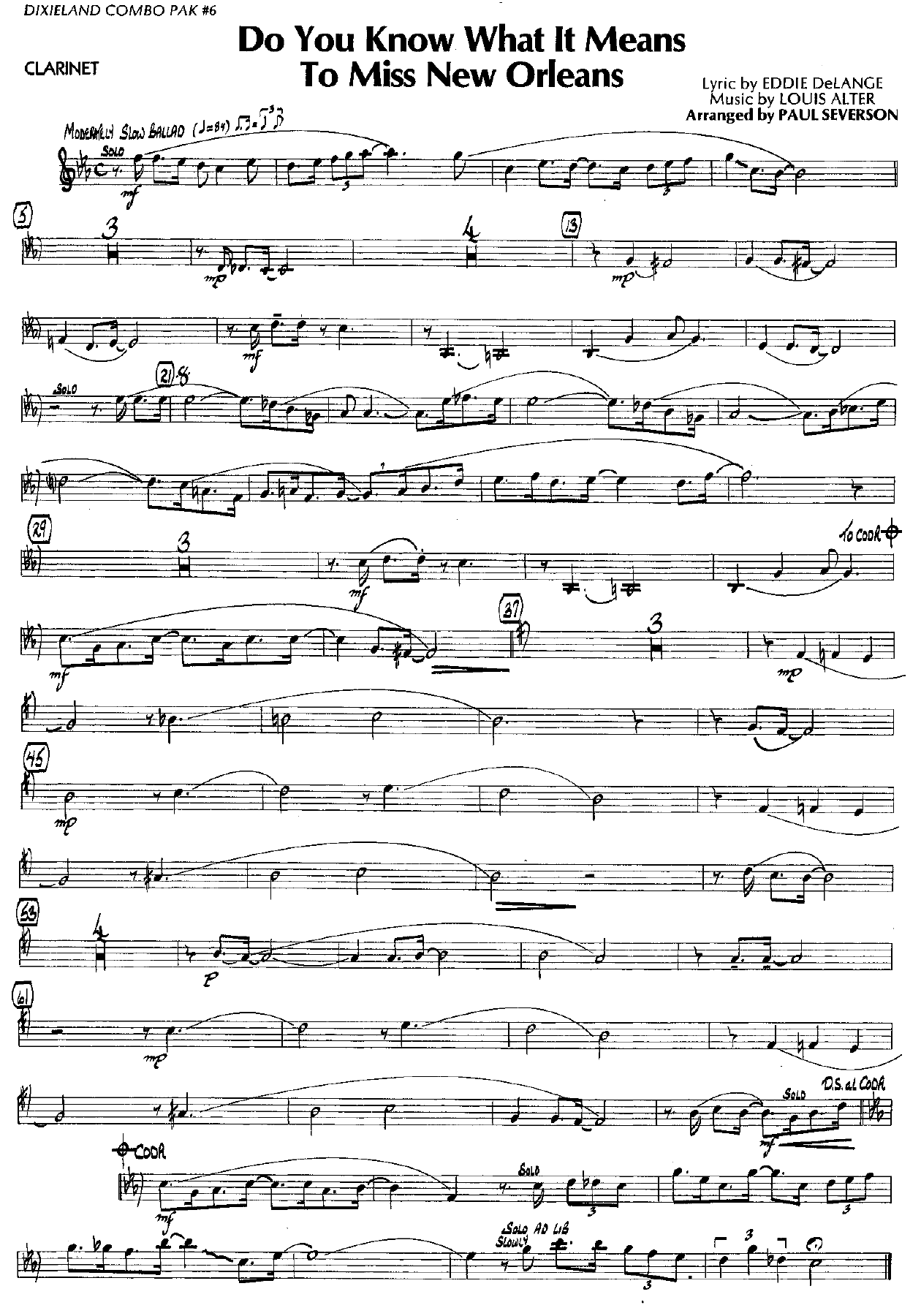 Do You Know What It Means to Miss New Orleans — Малый ансамбль sheet music by Severson | Jazz Standard