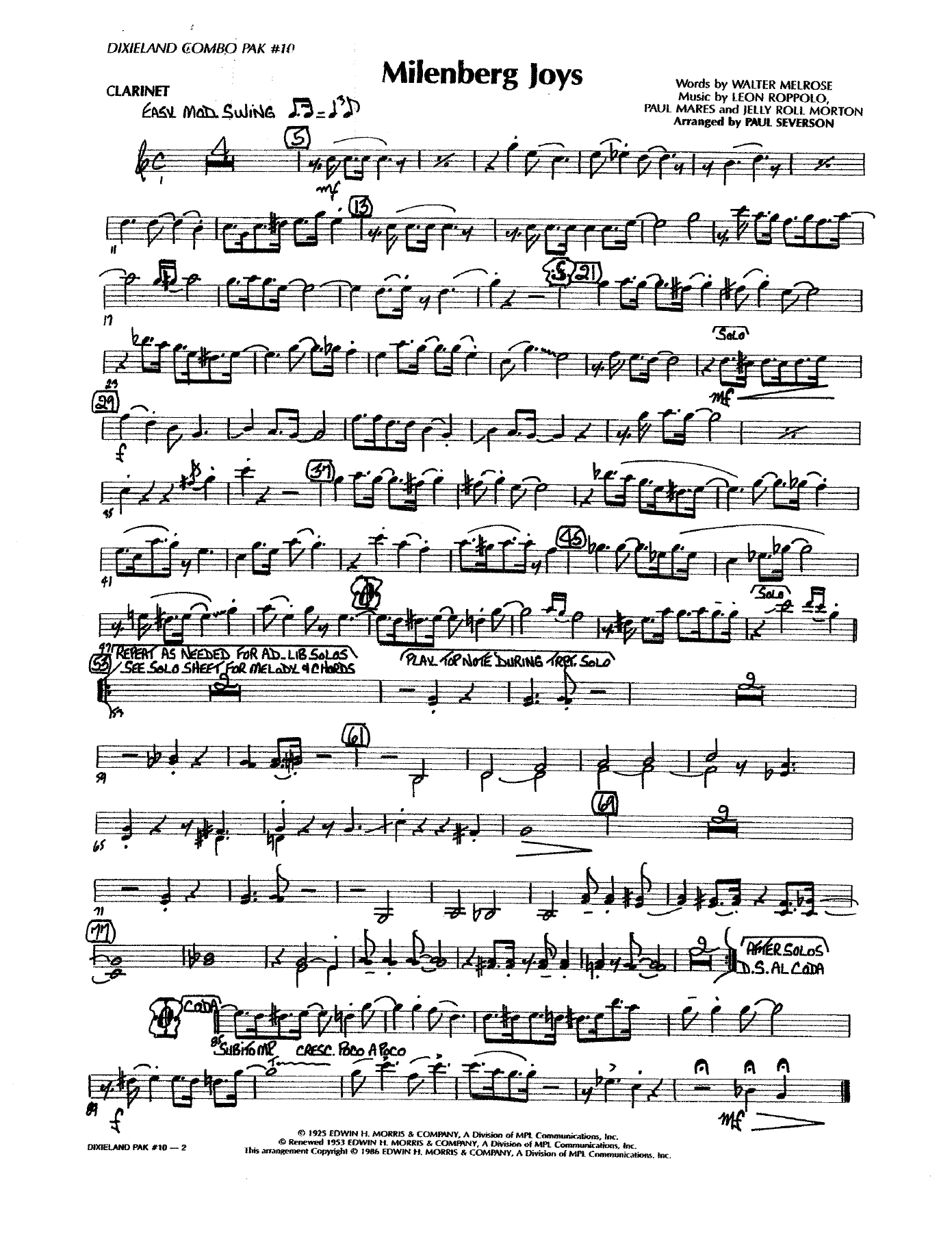 Milenberg Joys — sheet music cover (first page)