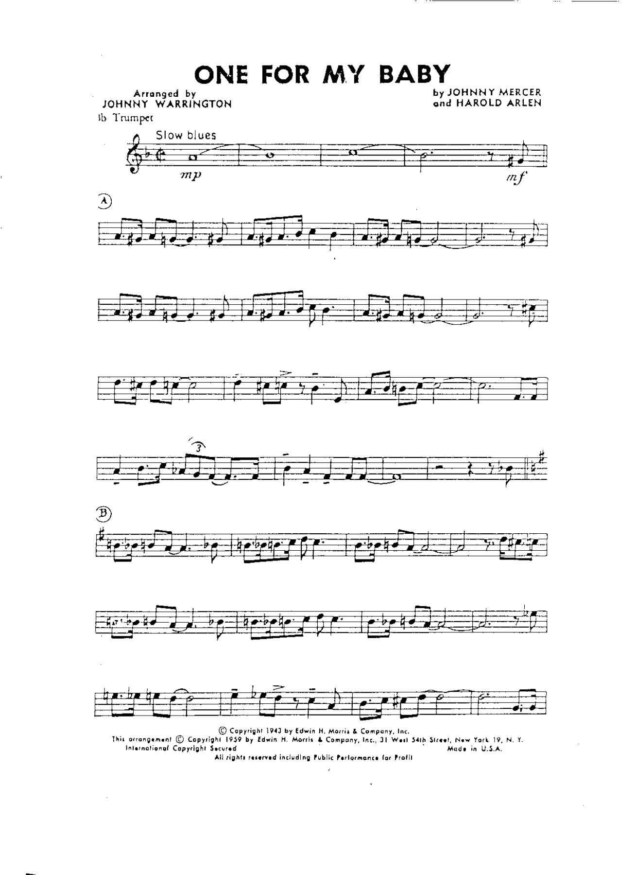 One For My Baby — sheet music cover (first page)