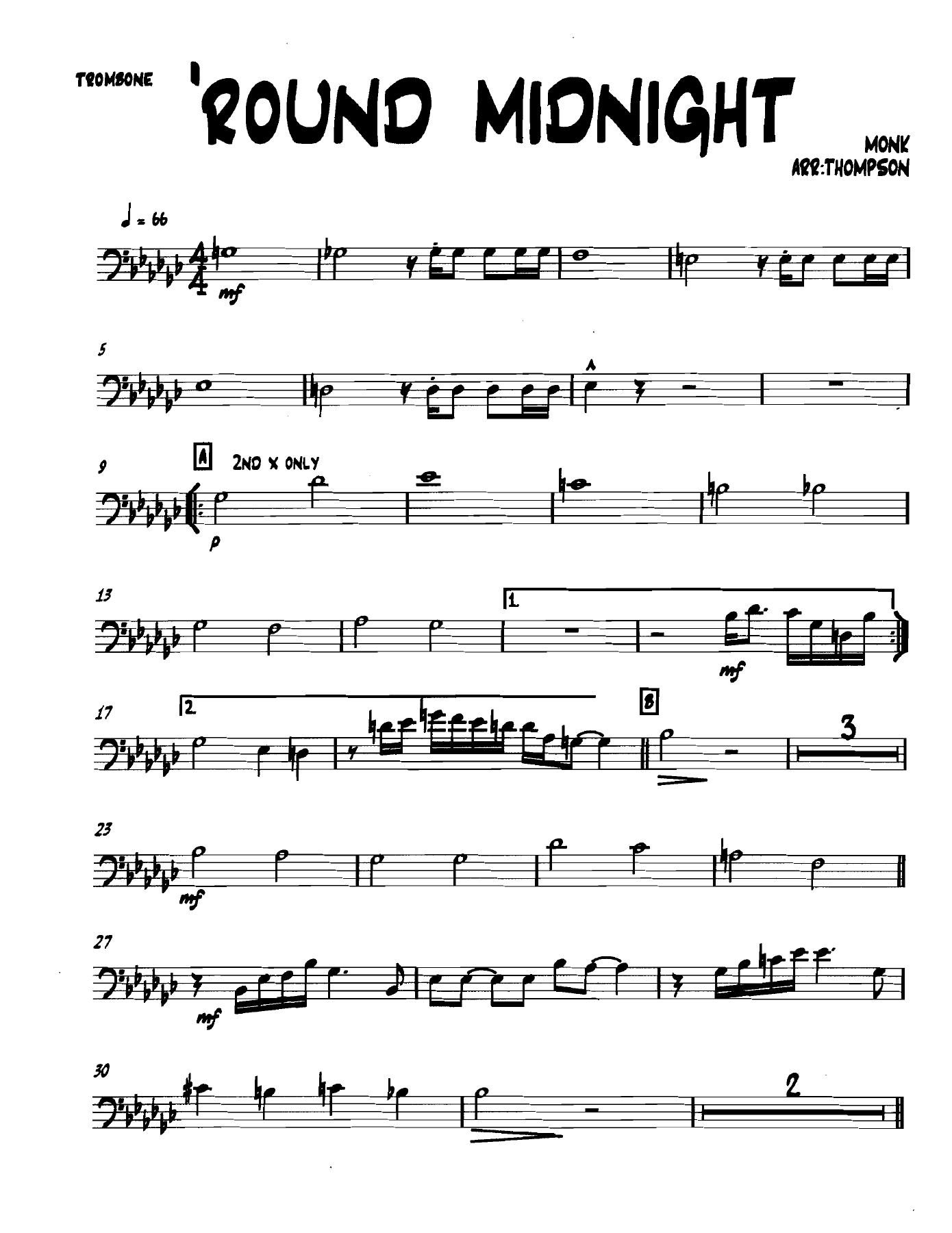 Roundmidnight Trombone — sheet music cover (first page)