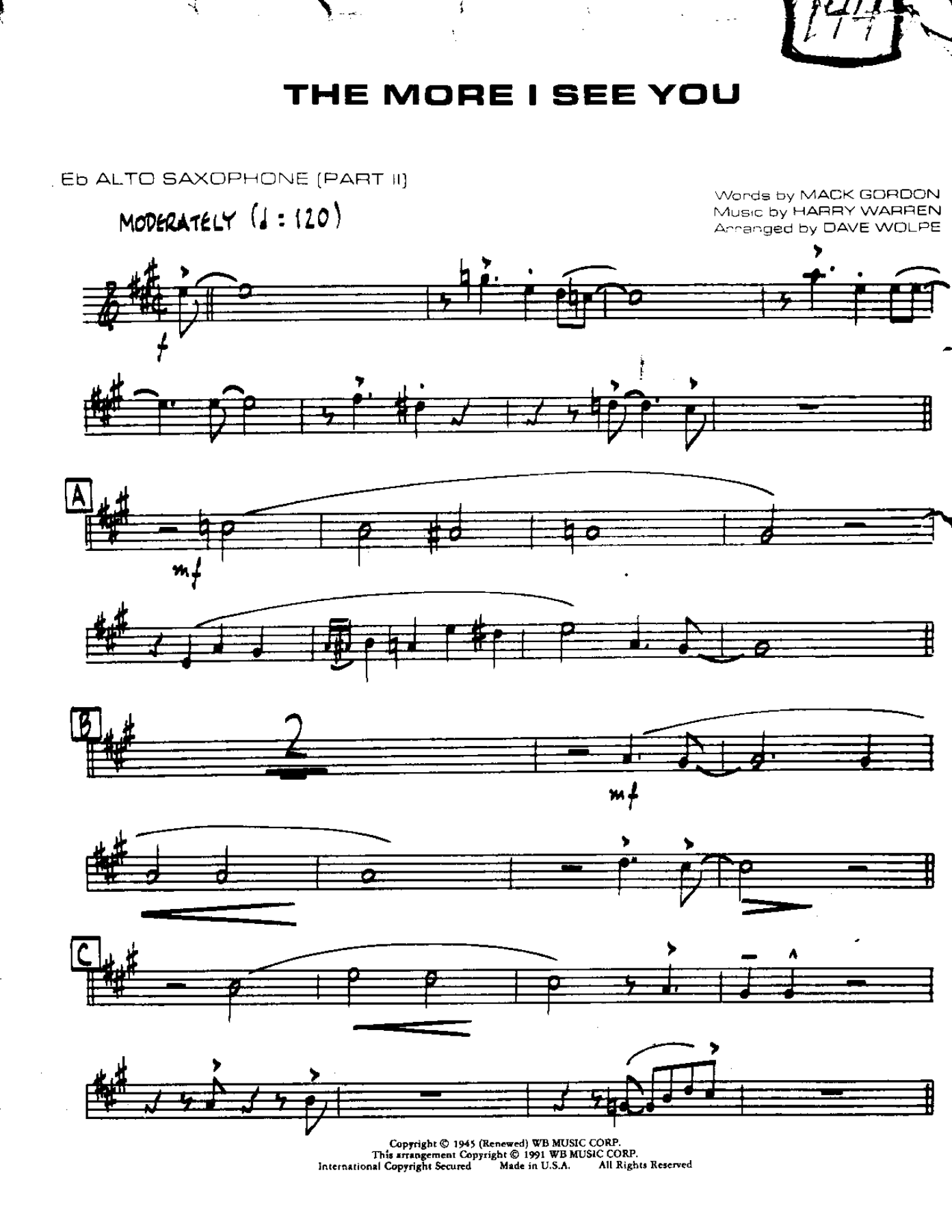 The More I See You — Small Ensemble sheet music arranged by DAVE WOLPE | Swing