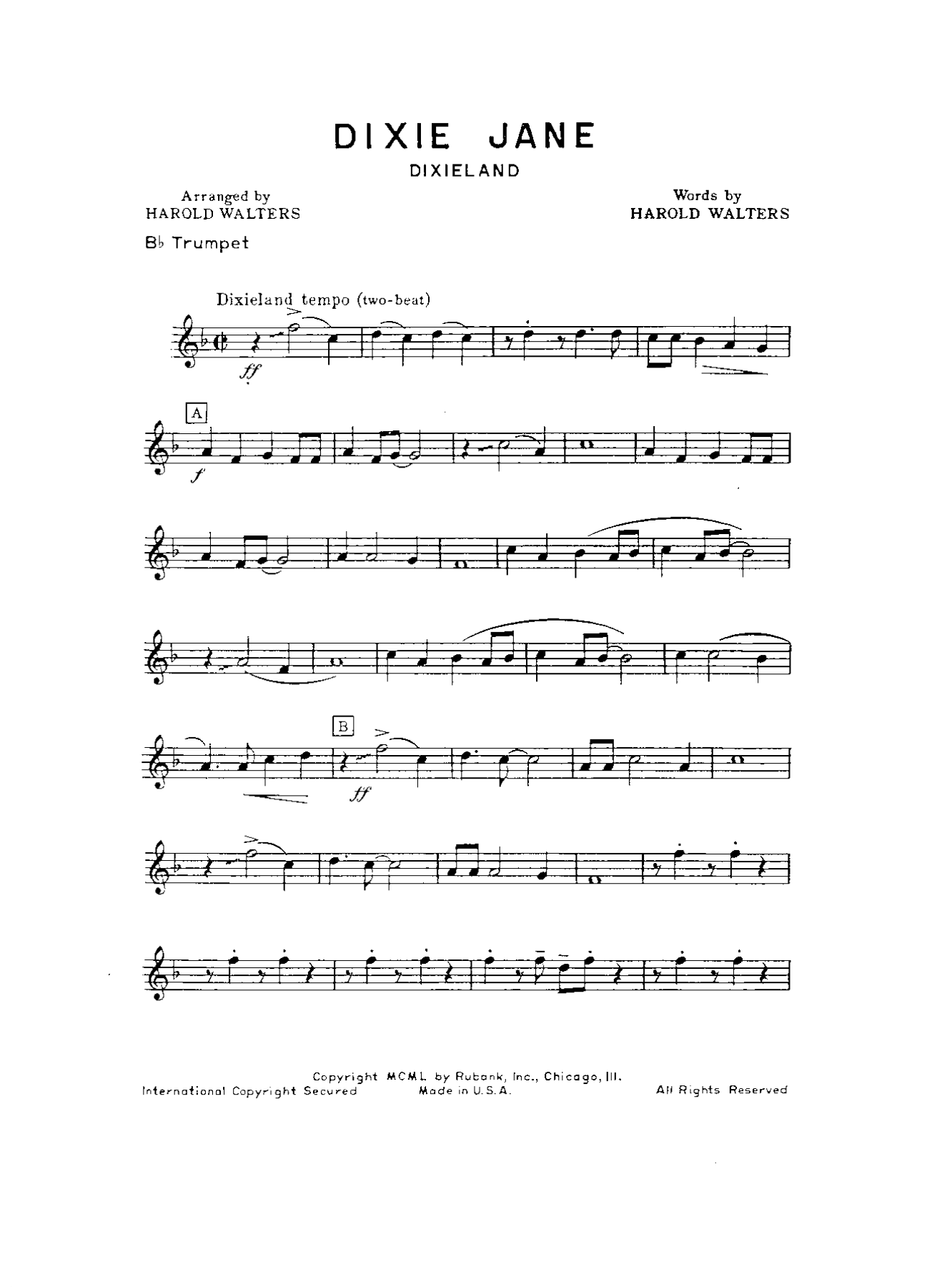 Dixie Jane — sheet music cover (first page)