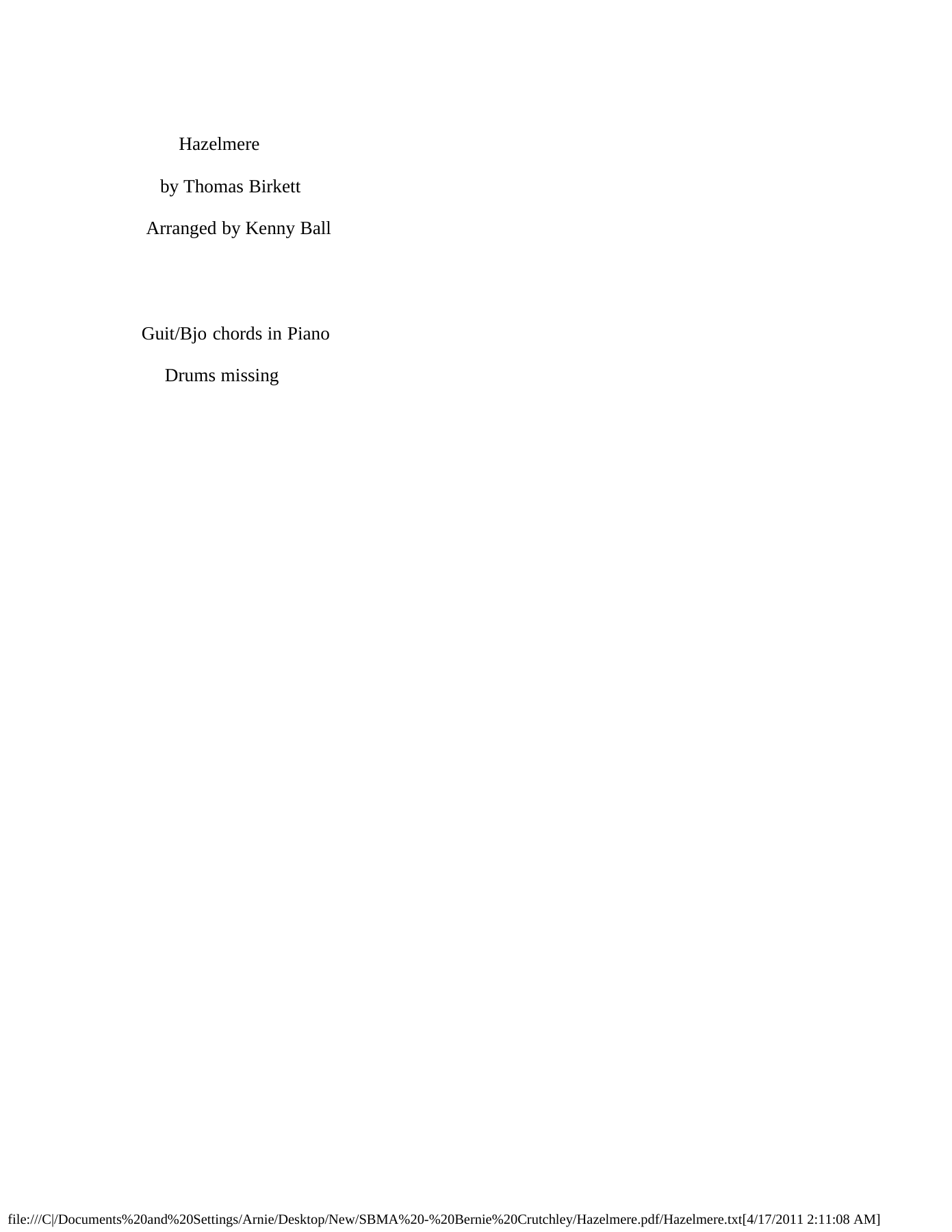 Hazelmere — sheet music cover (first page)